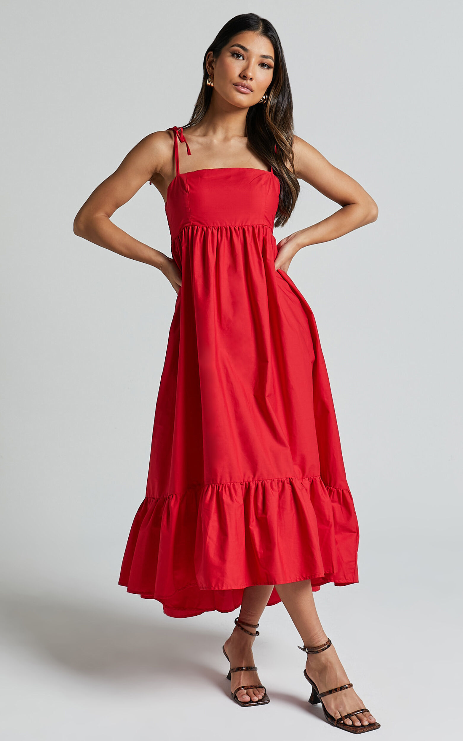 Aveiro Midi Dress - Straight Neck Shoulder Tie High Low Ruffle Hem in Red