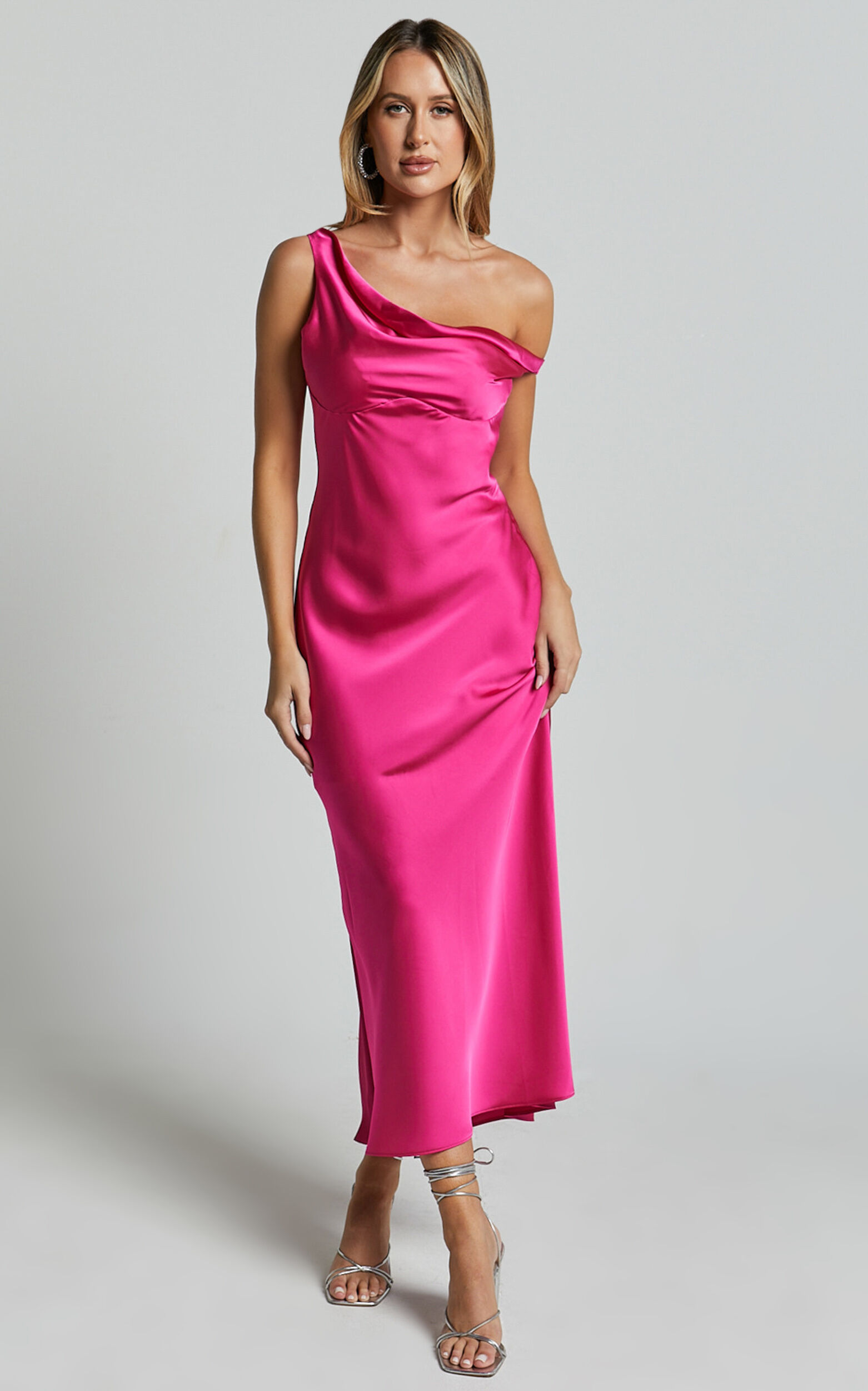 Alexia Midi Dress - One Shoulder Bust Slip Dress in Fuschia