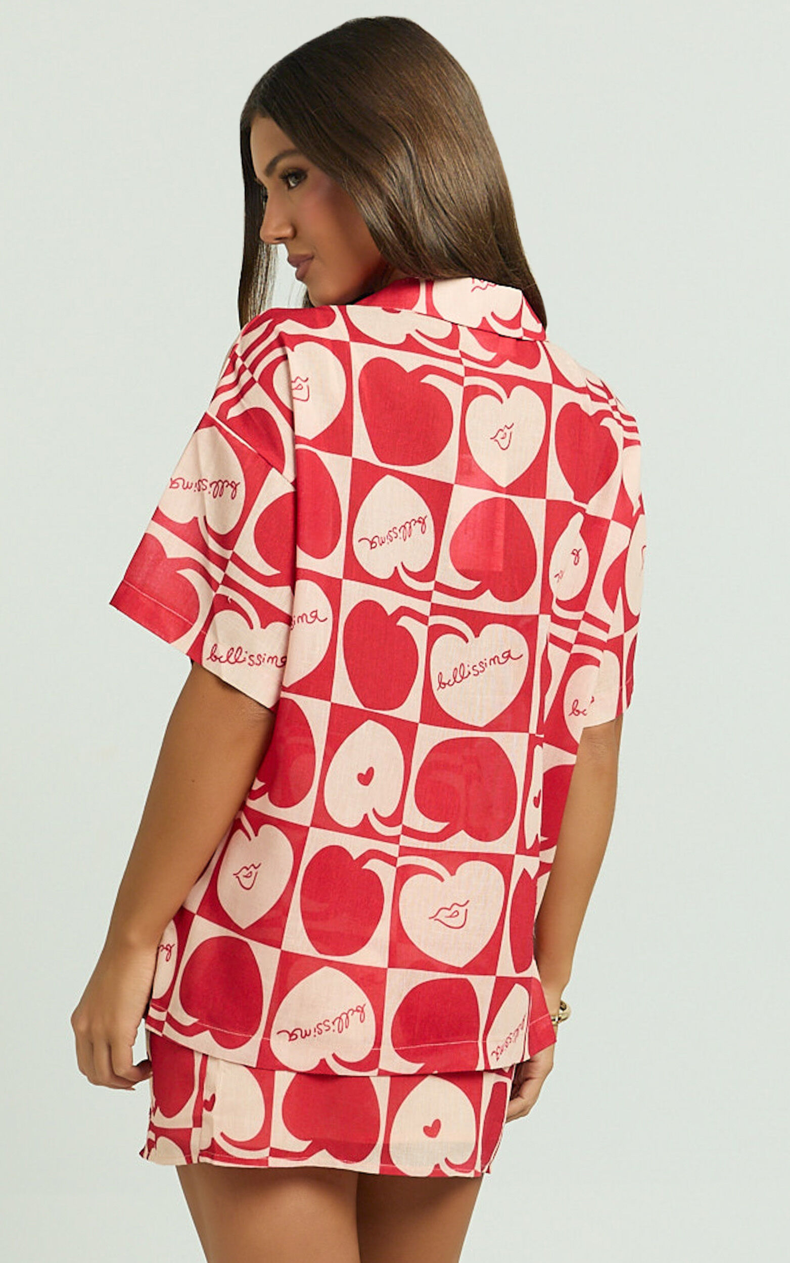 Vangie Shirt - Linen Look Short Sleeve Shirt in Red/Pink