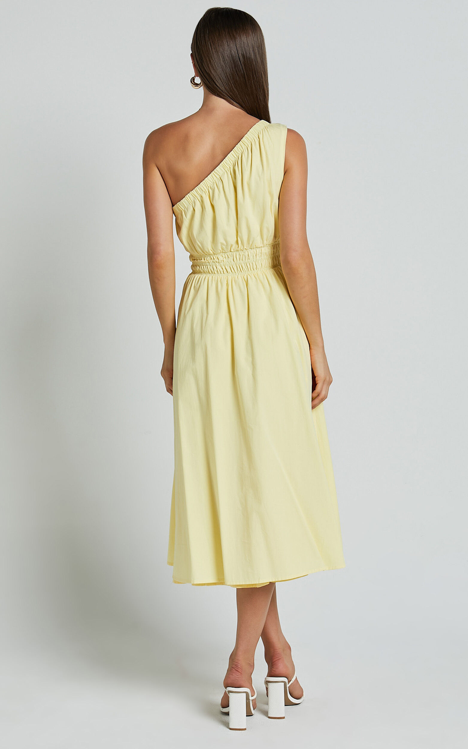 Yulia Midi Dress - One Shoulder Shirred Waist Dress in Lemon