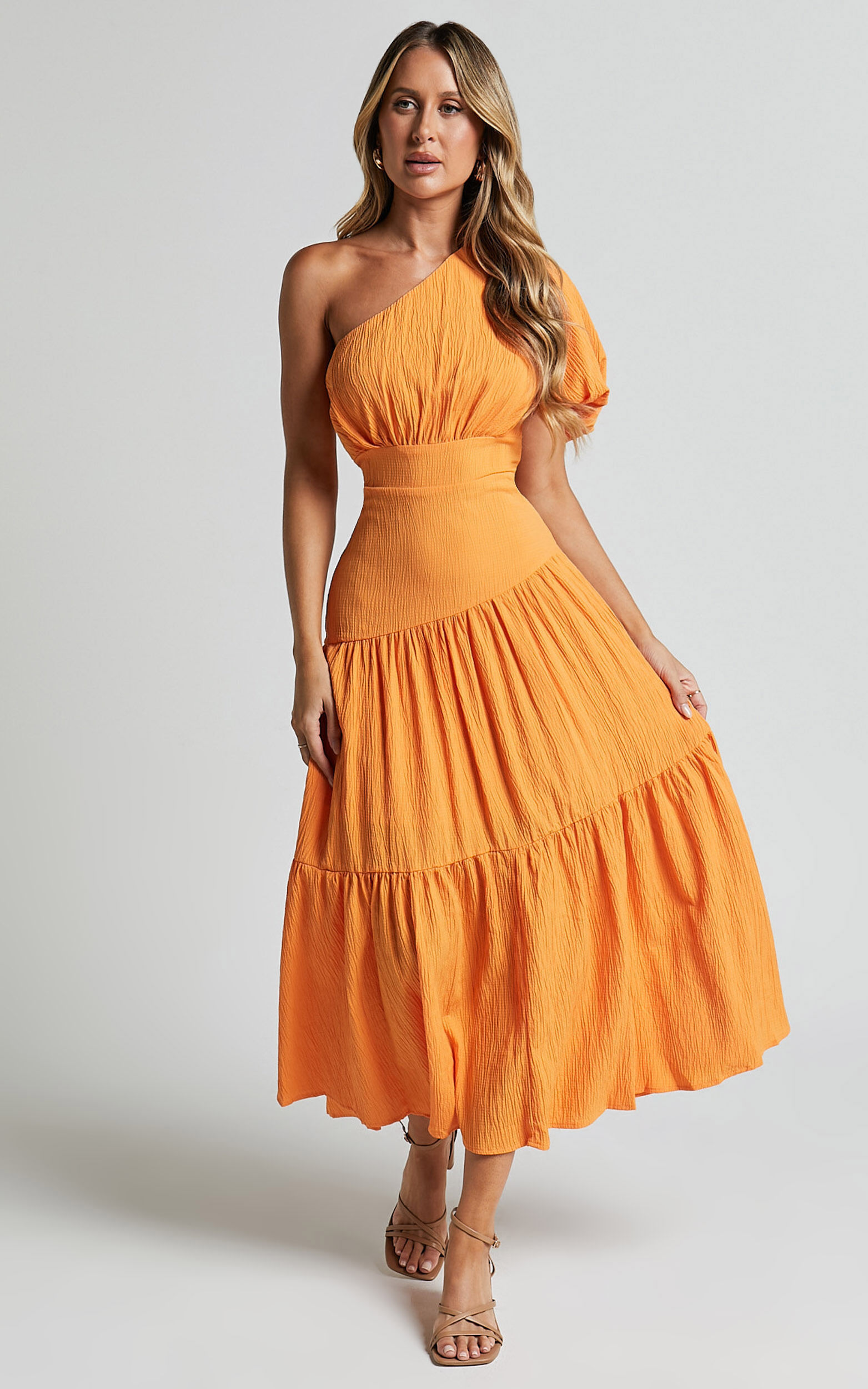 Ciara Midi Dress - One Shoulder Short Puff Sleeve Tiered Dress in Mango