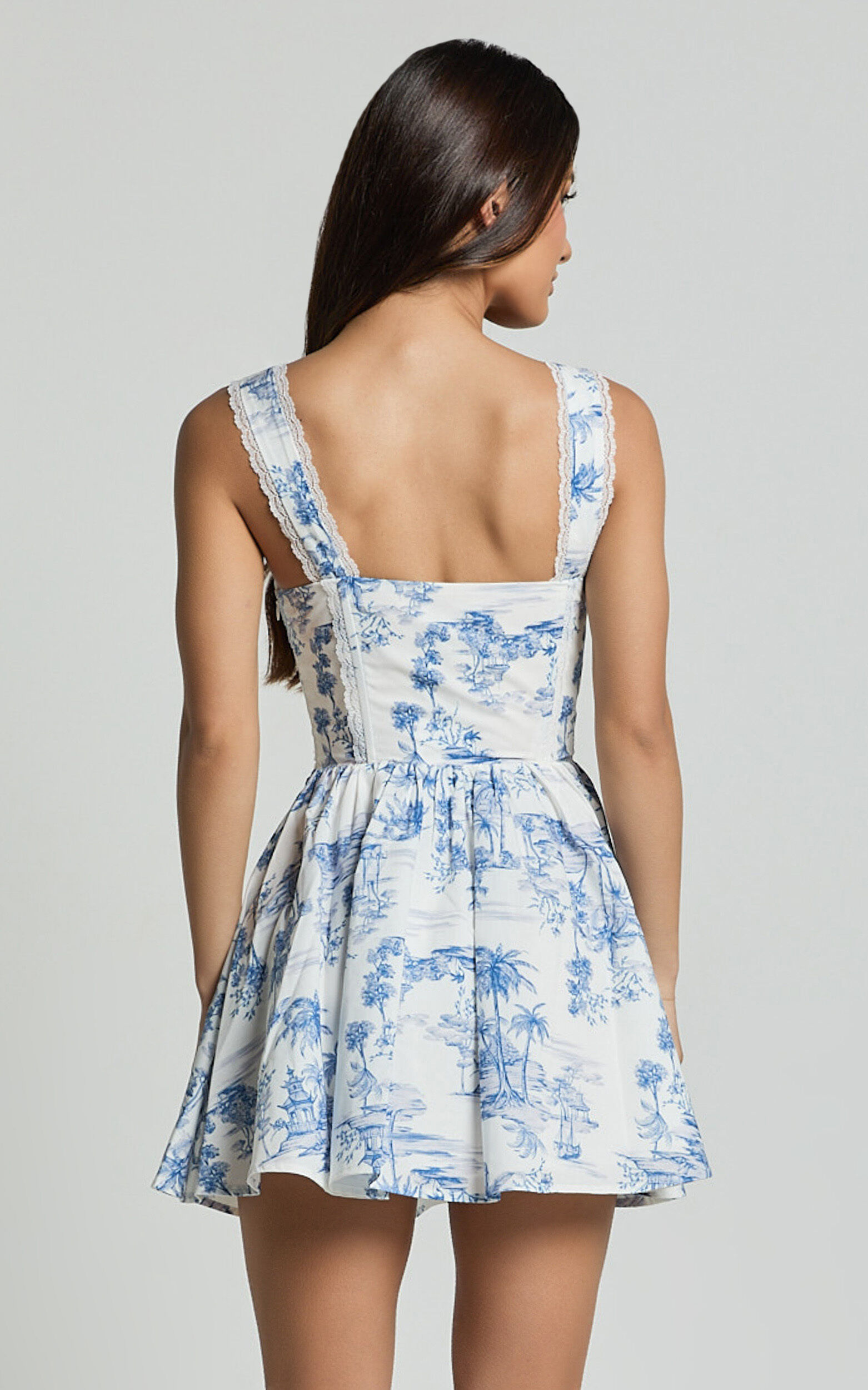 Idris Mini Dress - Lace Trim Corset Lace Up Back Dress in Toile De Jouy Print