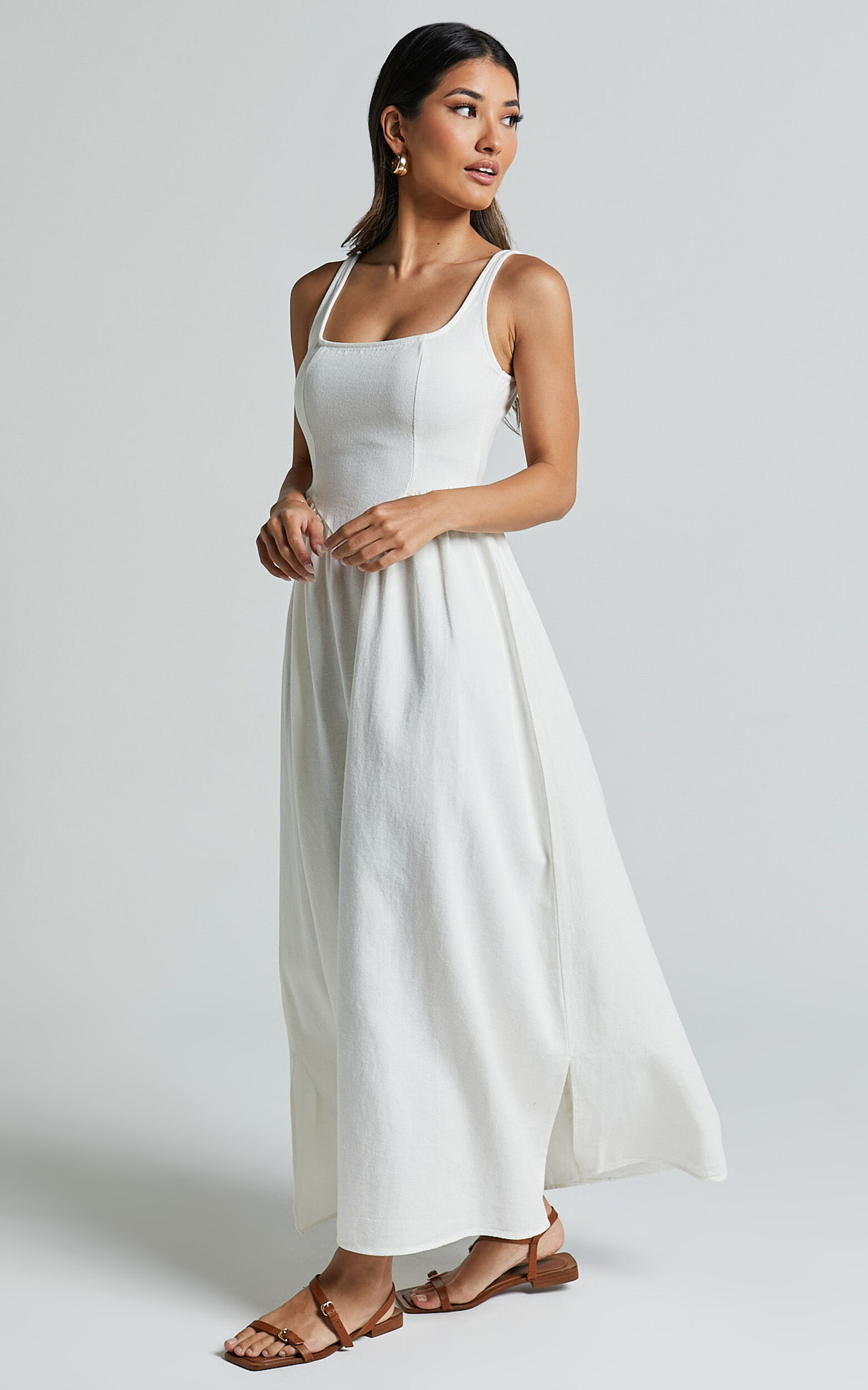 Rhaziya Midi Dress - Sleeveless Straight Neck Fit and Flare Dress in White