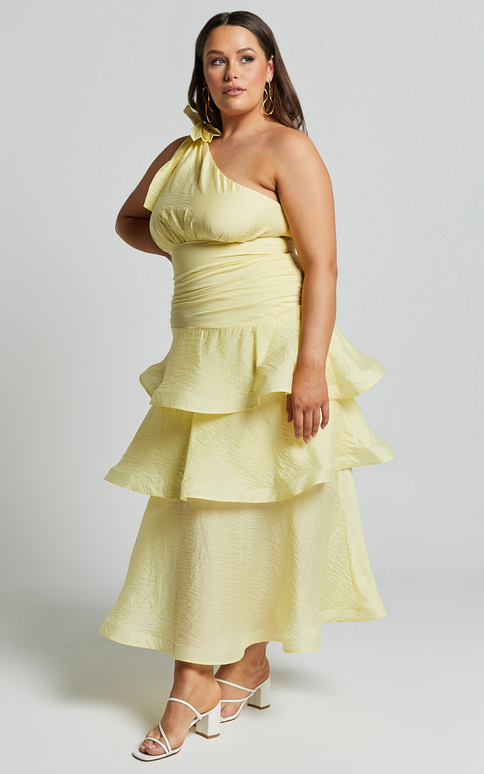 Eugenia Midi Dress - One Shoulder Fit and Flare Layered Dress in Yellow