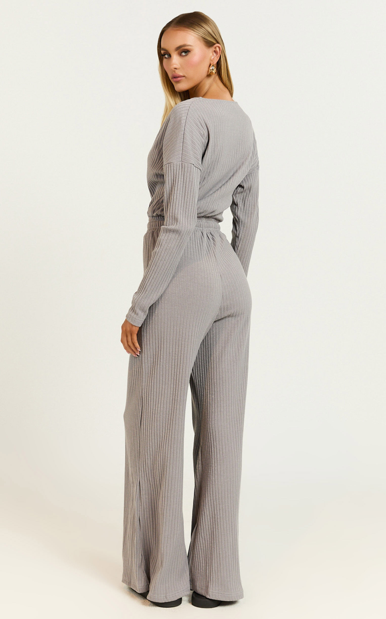 Camille Jumpsuit - Ribbed Jersey Long Sleeve Wide Leg Jumpsuit in Slate Grey