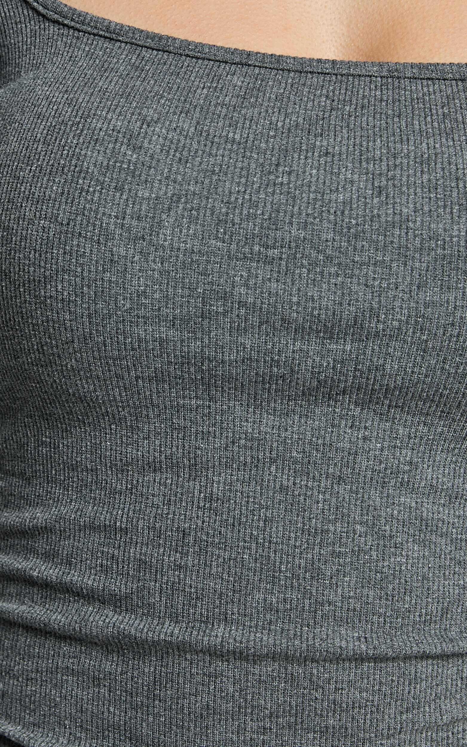 Lucy Midi Dress - Ribbed Side Ruched Bodycon Dress in Charcoal