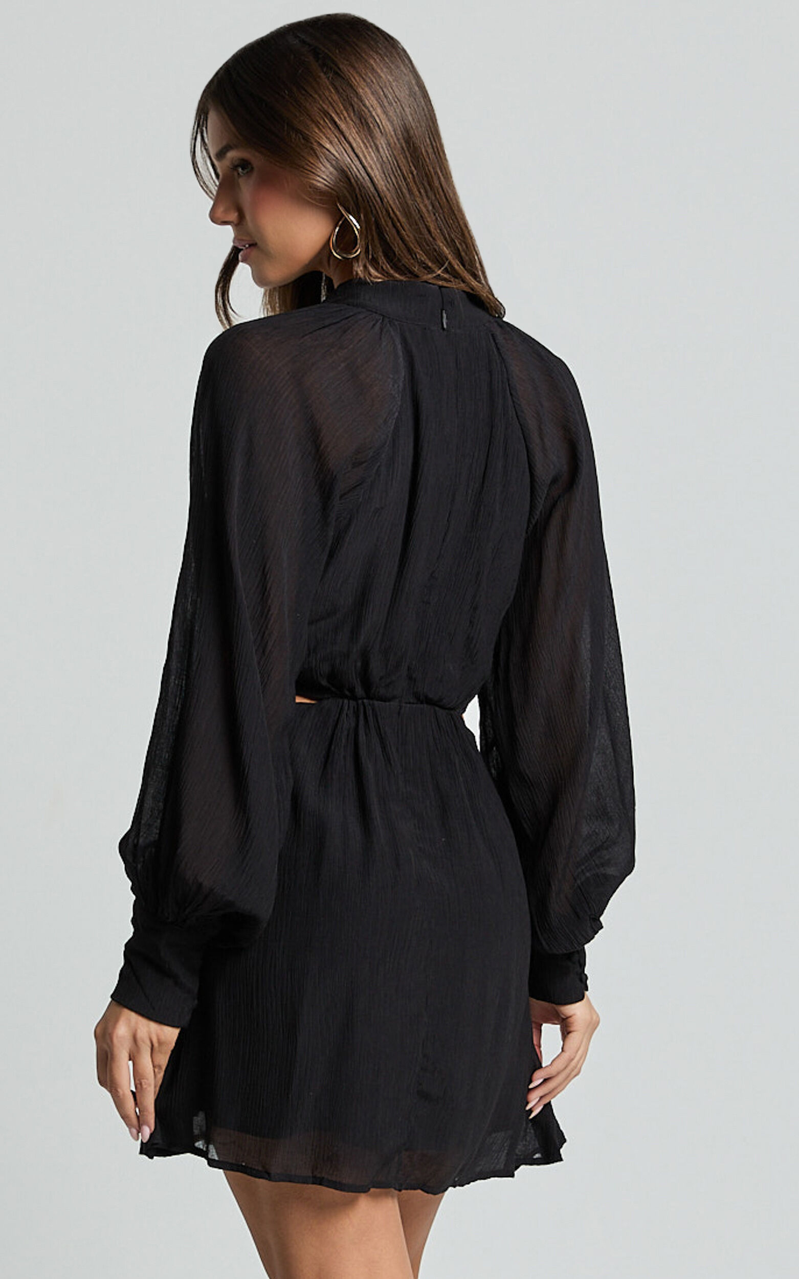Xandria Mini Dress - Blouson Sleeve Cut Out Dress in Black