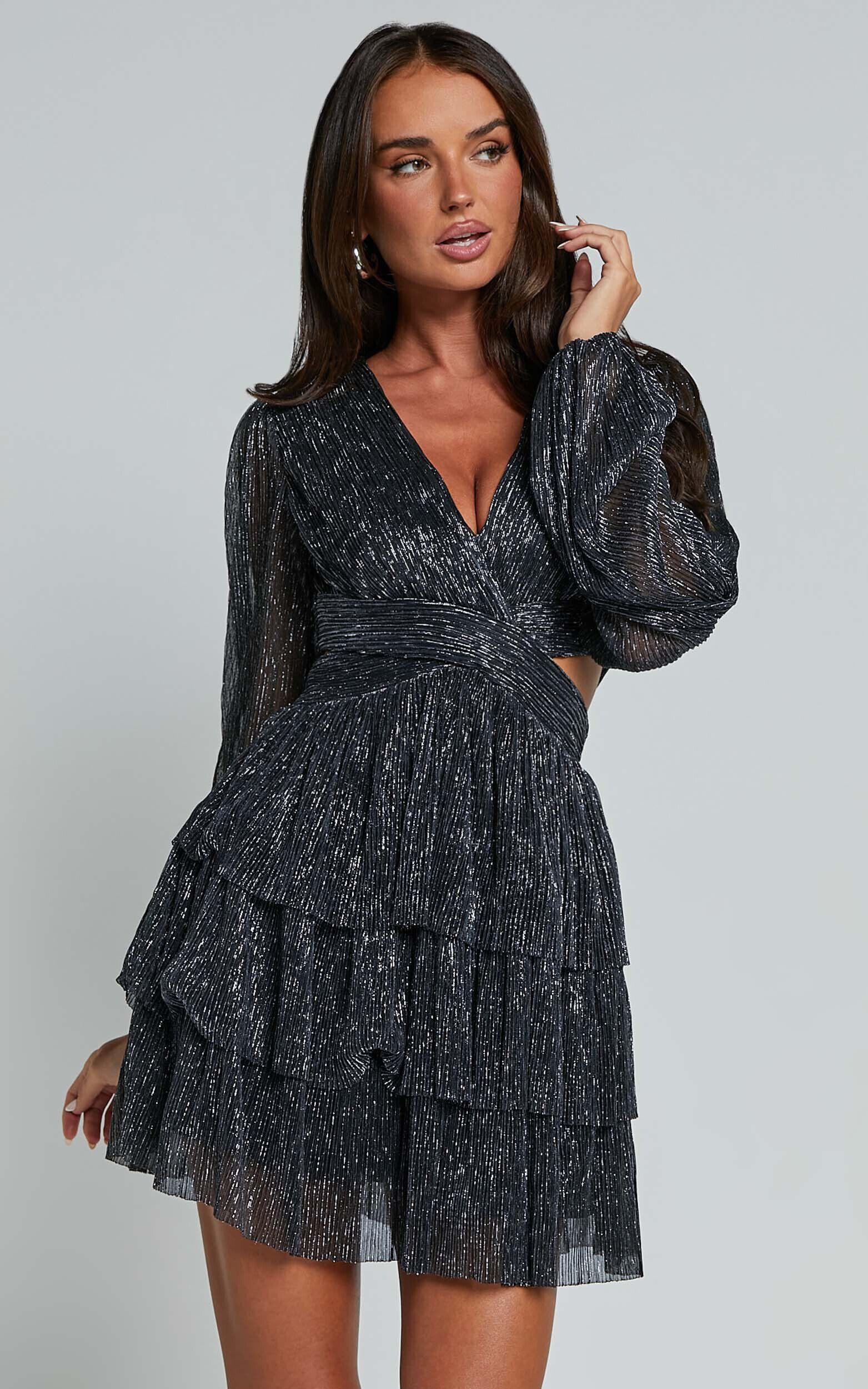 Elaine Mini Dress - Long Sleeve Tiered Plisse Dress in Gunmetal