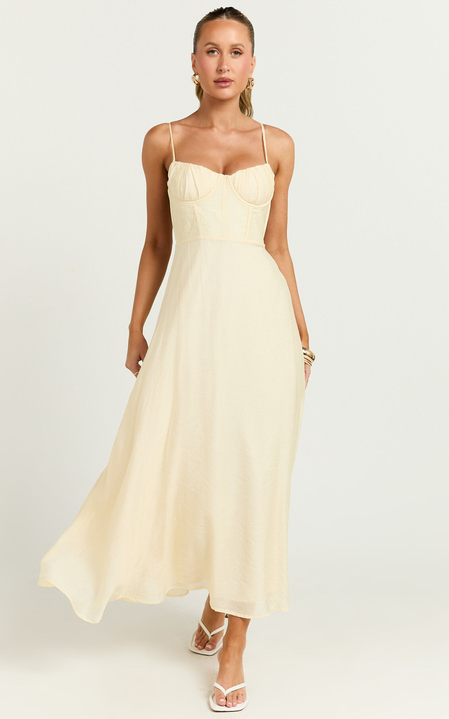 Avalyn Midi Dress - Ruched Bust Corset Dress in Butter