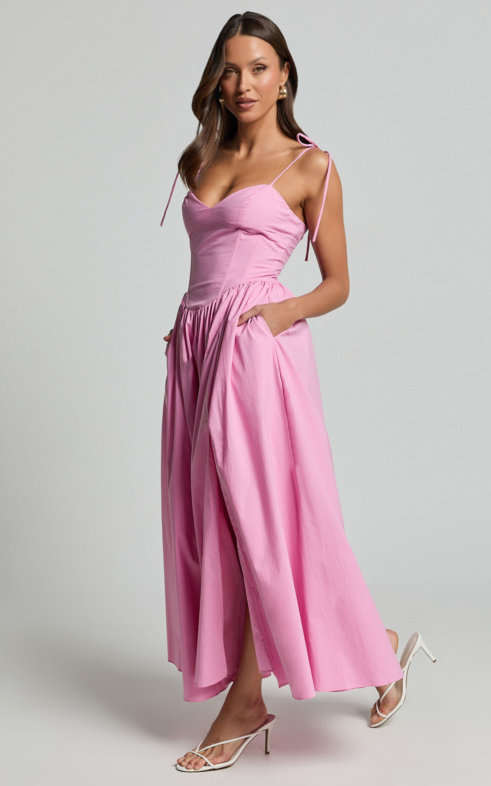 Holly Midi Dress - Corset Lace Up Dress with Split in Musk Pink