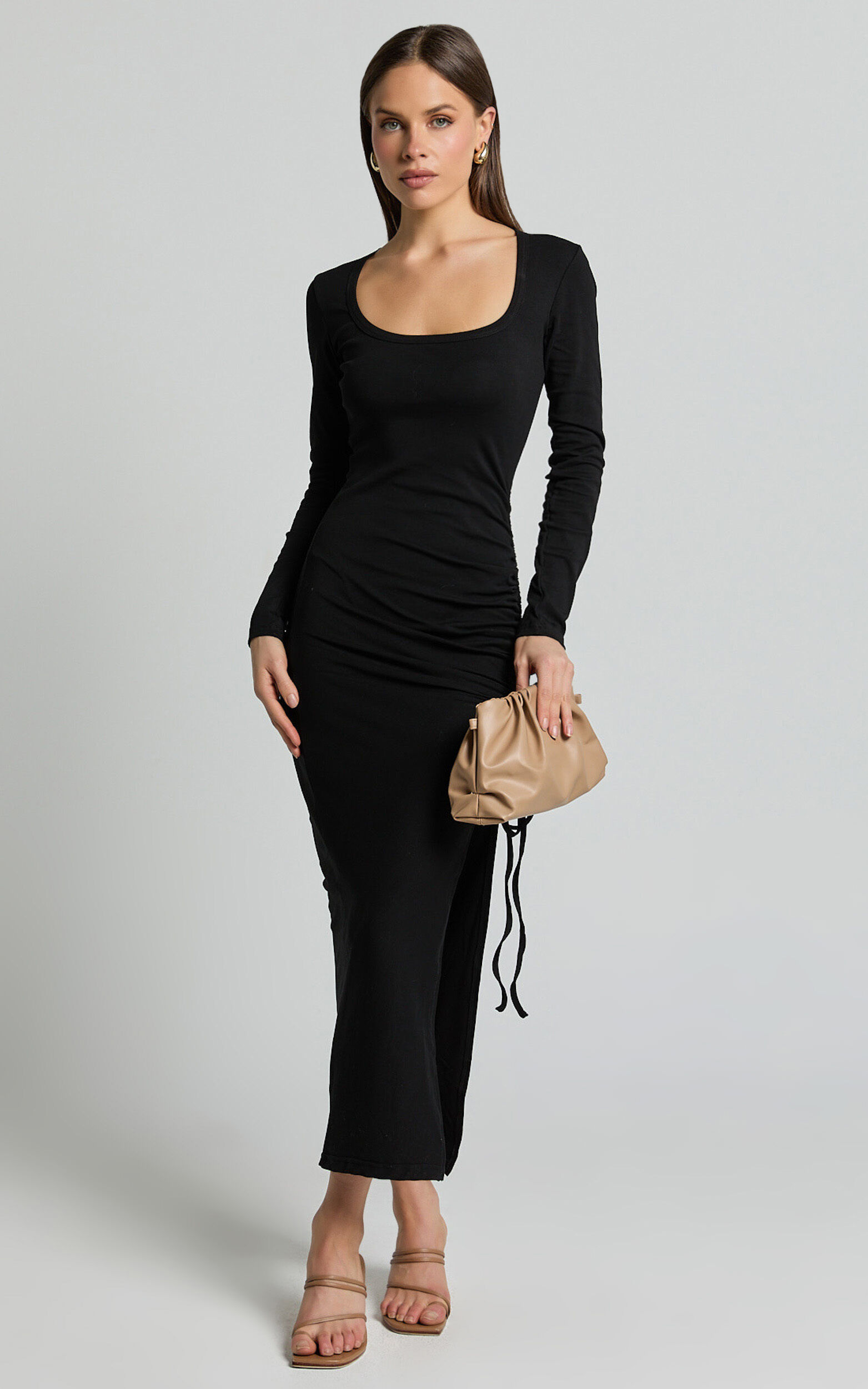 Harlow Midi Dress - Crew Neck Long Sleeve Ruched Side Split Dress in Black