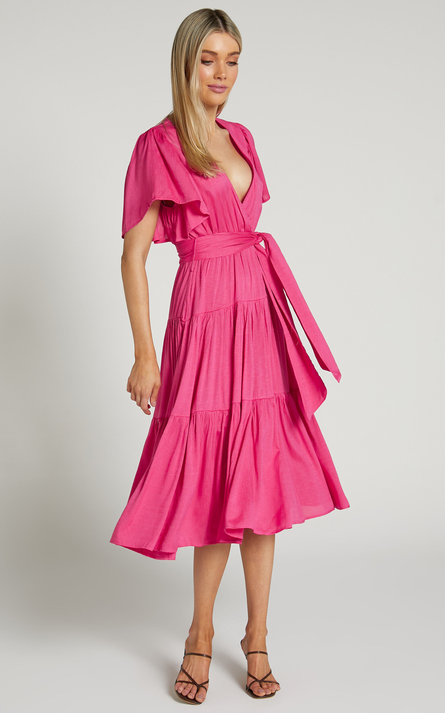 Marielle Midi Dress - Wrap Bodice Tiered Belted Dress in Pink