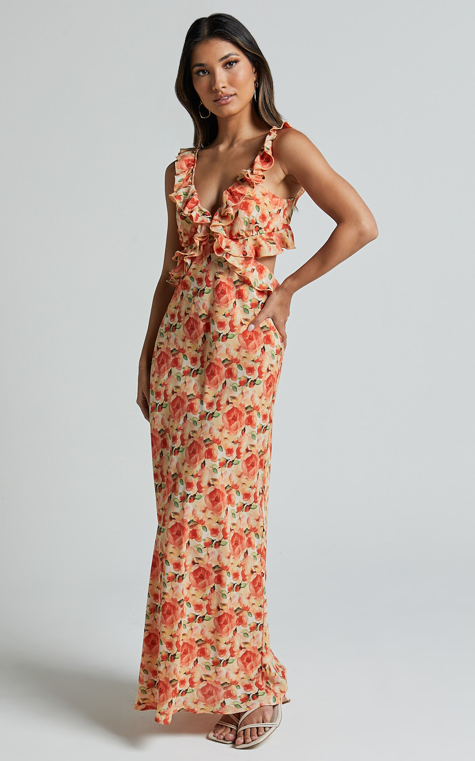 Alessa Maxi Dress - V Neck Frill Detail Empire Waist Back Cut Out Dress in Peach Floral