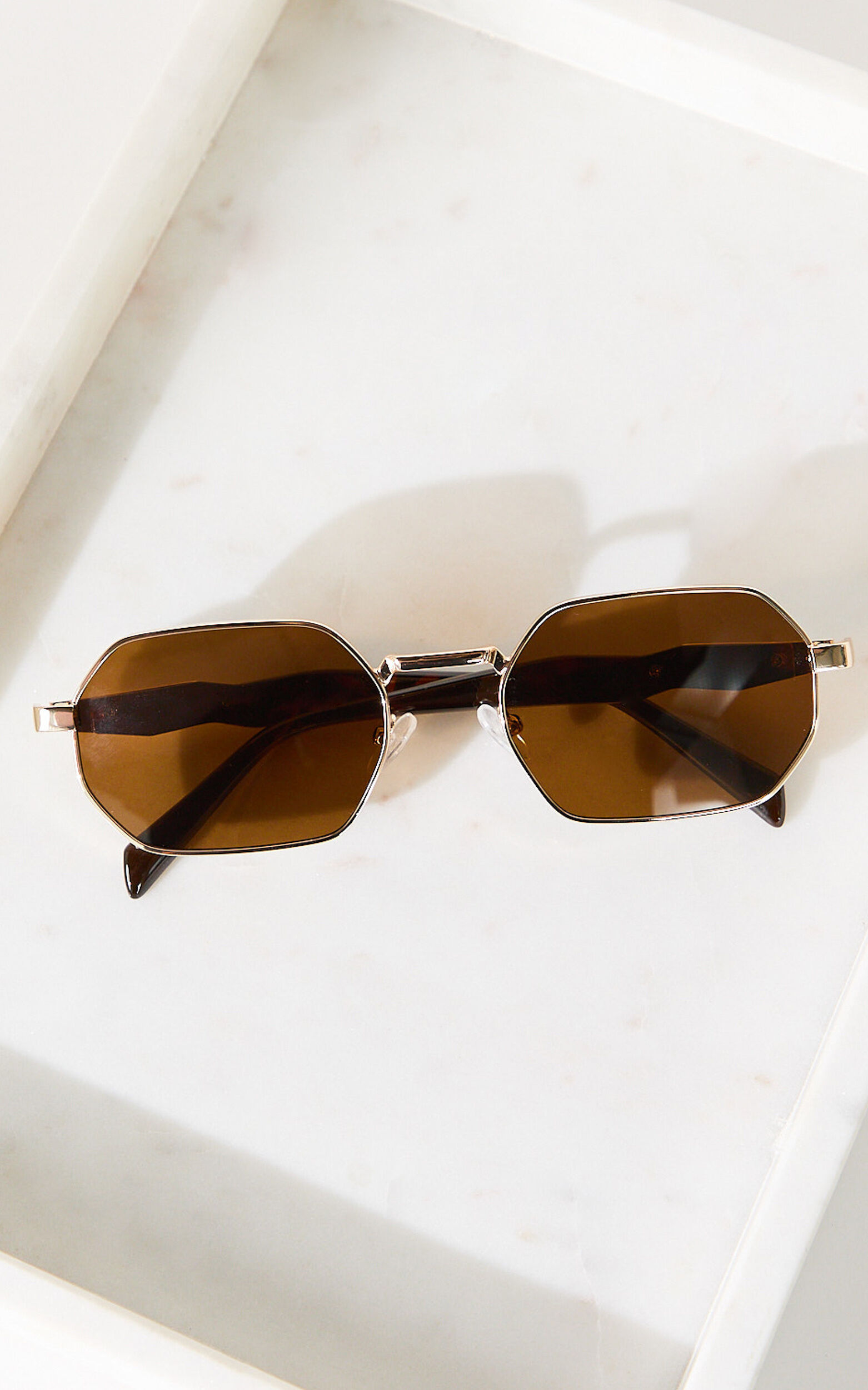 Zita Sunglasses - Octagonal Thin Frame Sunglasses in Brown/Gold
