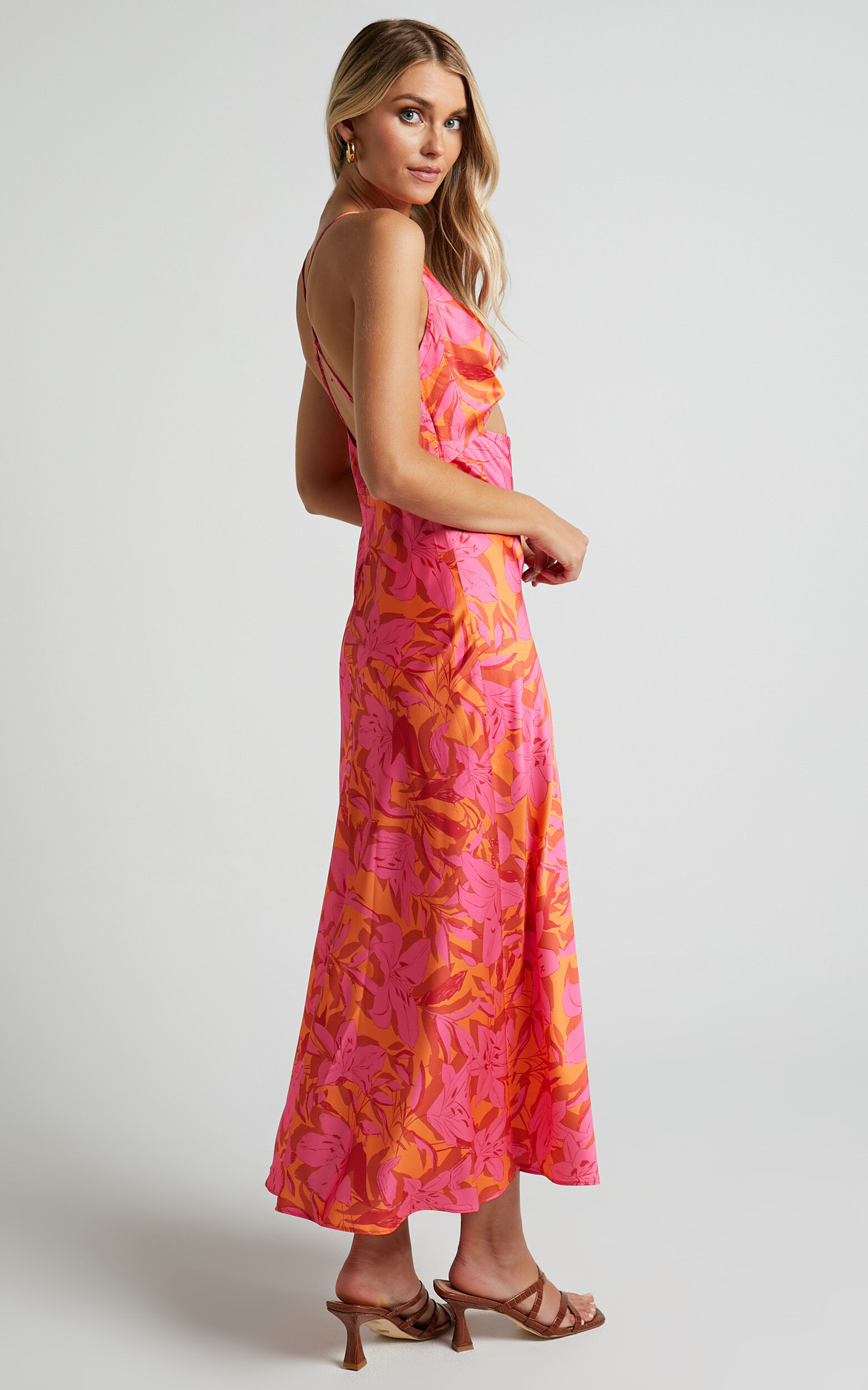 Tove Midi Dress - Twist Front Cut Out Satin Dress in Pink Floral