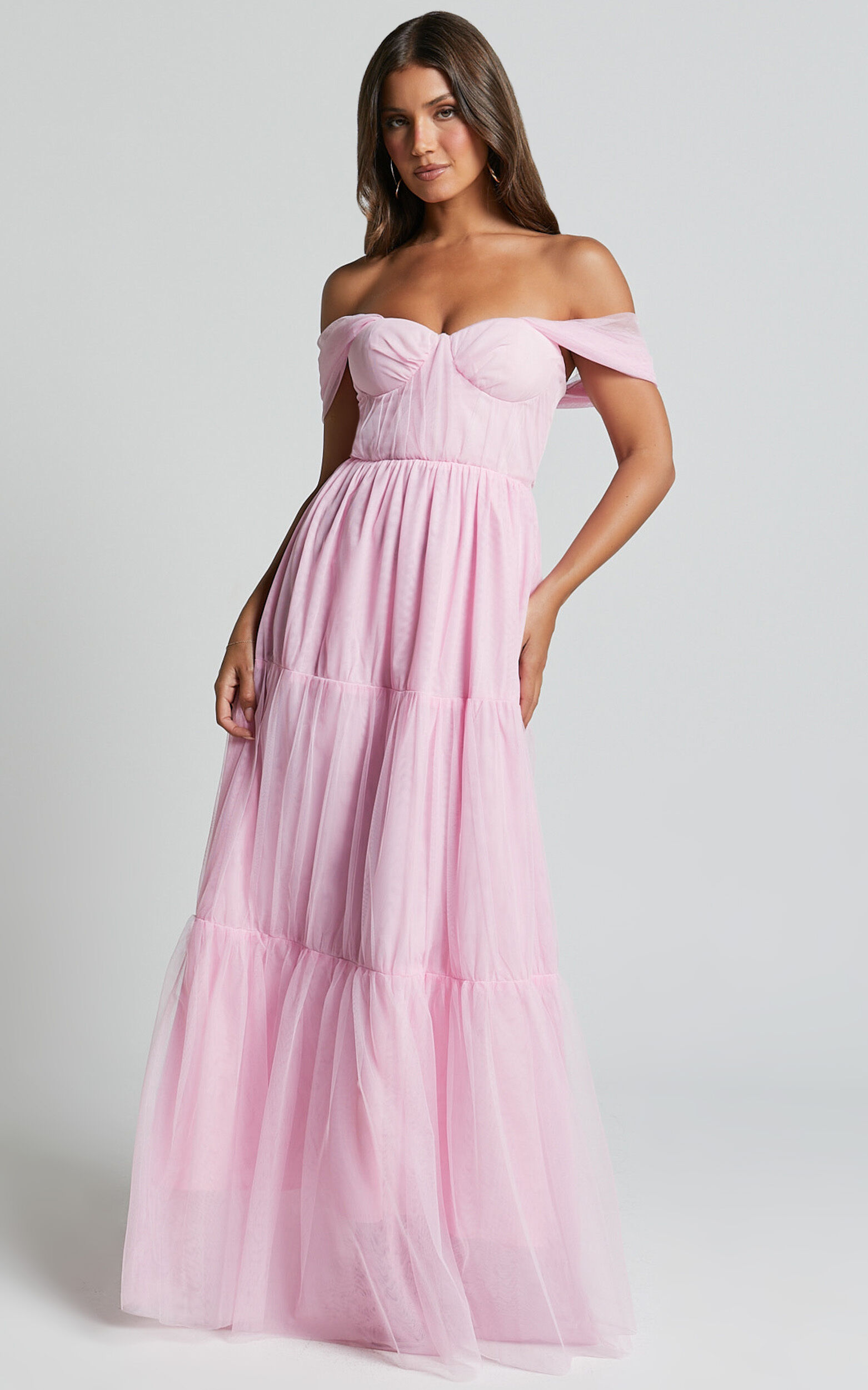 Ontario Maxi Dress - Off Shoulder Corset Bodice Tulle Dress in Ballet Pink
