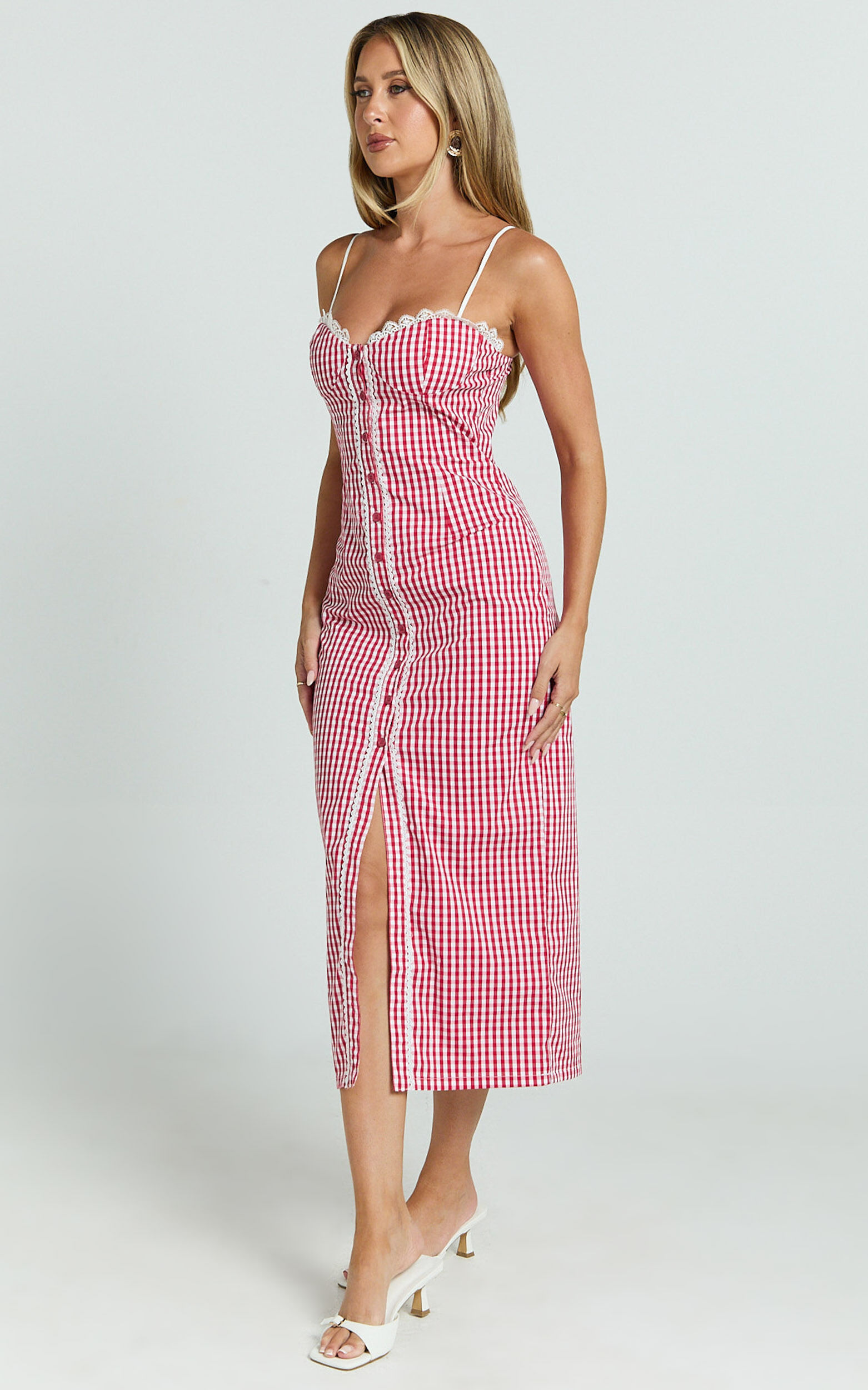 Anessa Midi Dress - Button Front Bustier Fitted Dress in Red Gingham
