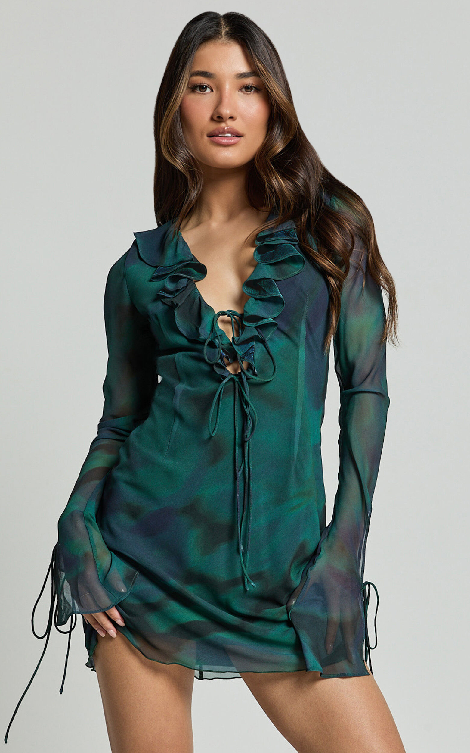Alesya Mini Dress - Ruffle Plunge Neck Long Sleeve Tie Detail Dress in Moss Adeana