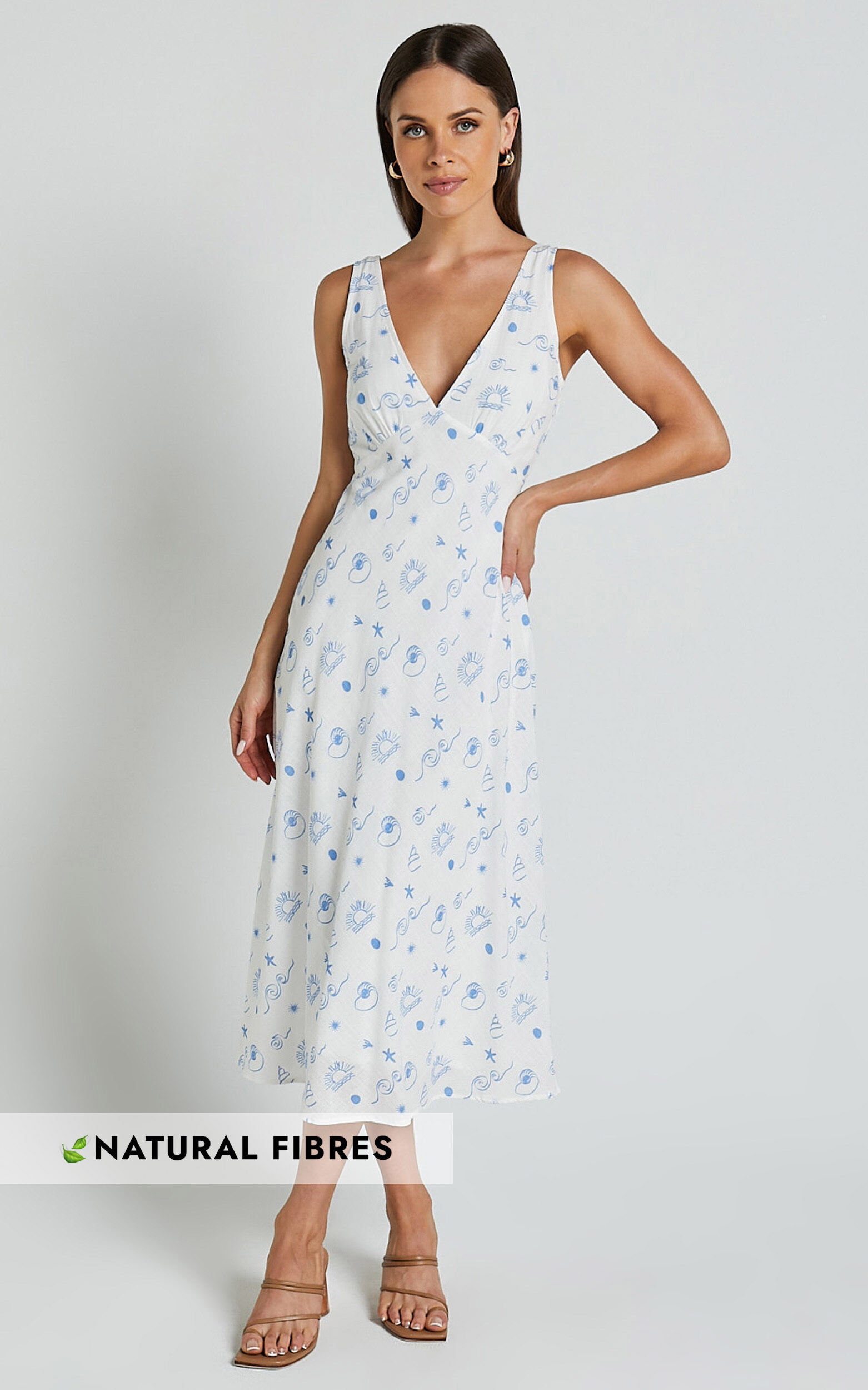 Becca Midi Dress - Ruched Bust Sleeveless V Neck Dress in Blue Print