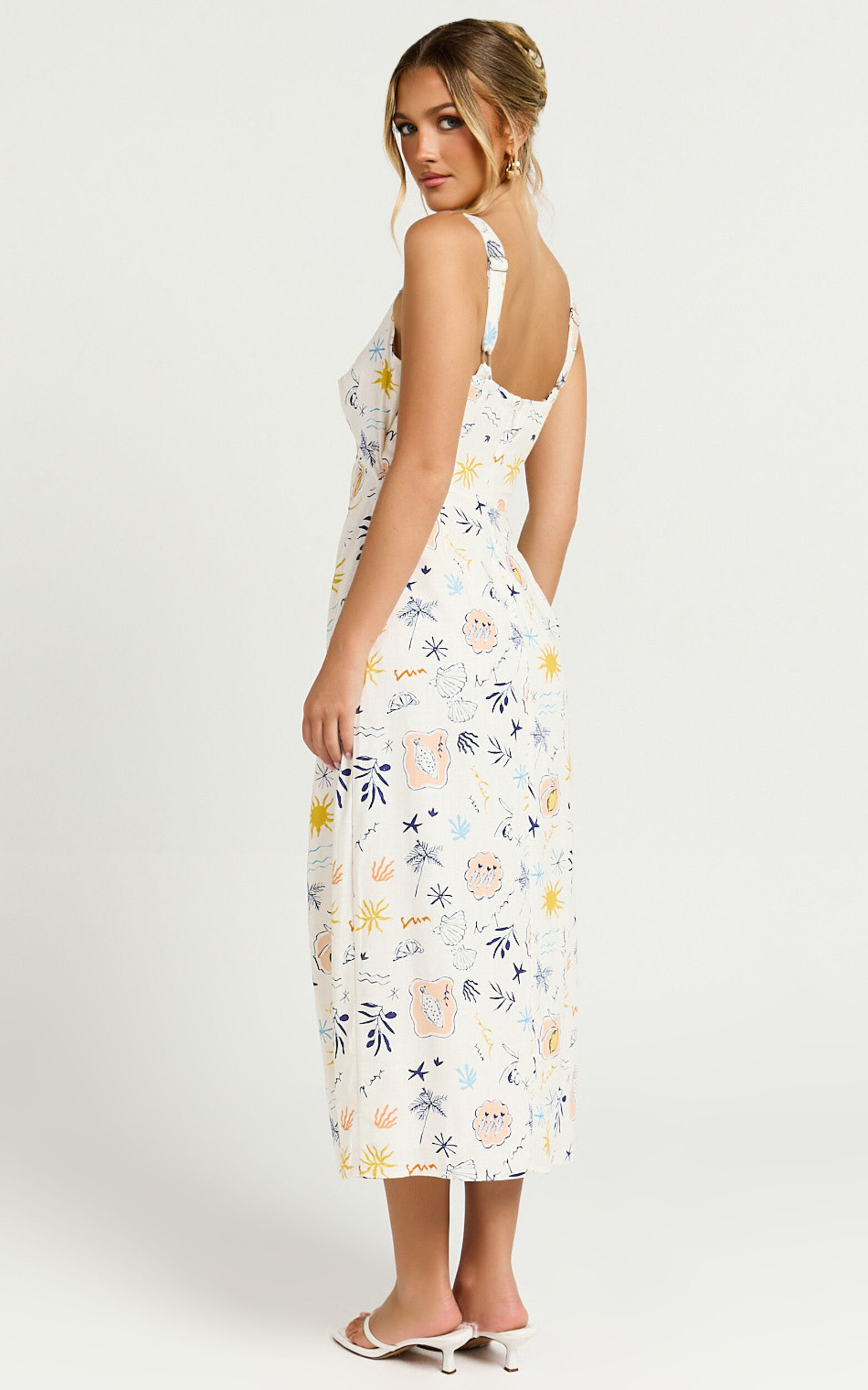 Nicola Midi Linen Dress - Strappy Front Twist Cut Out Column Dress in Soleil Print
