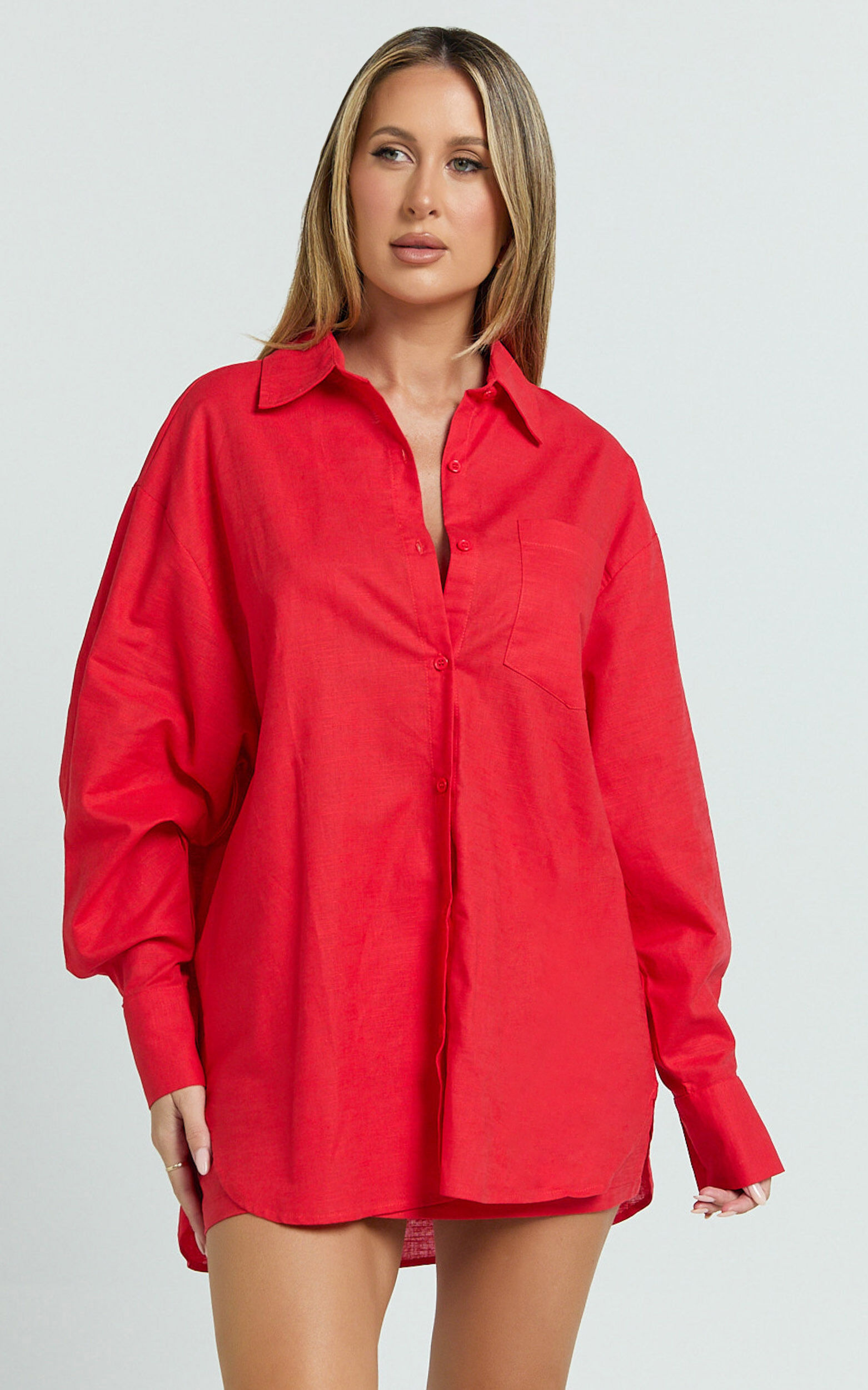 Anziel Top - Oversized Long Sleeve Linen Blend Shirt in Red