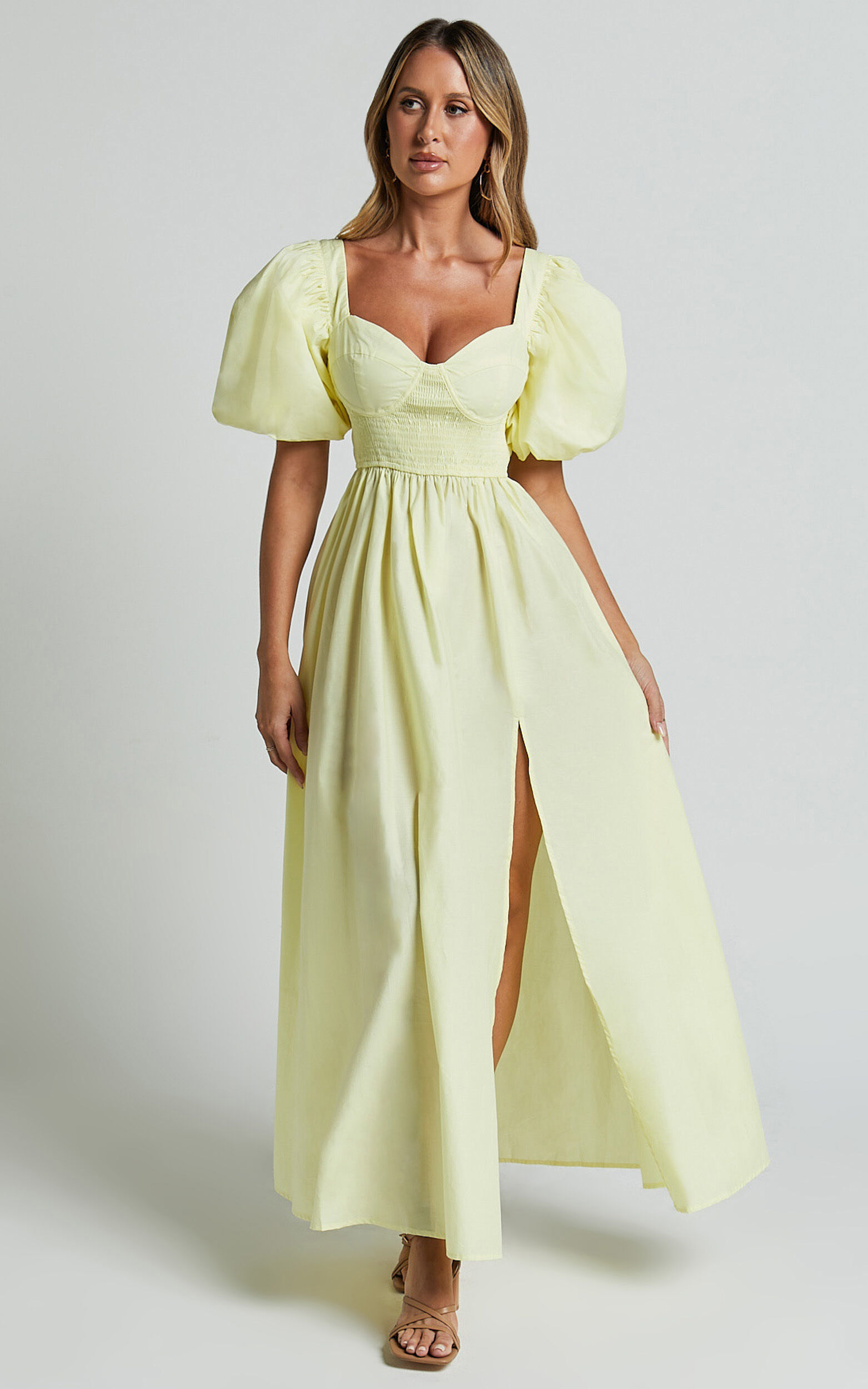 Raiza Midi Dress - Shirred Waist Puff Sleeve Dress in Lemon