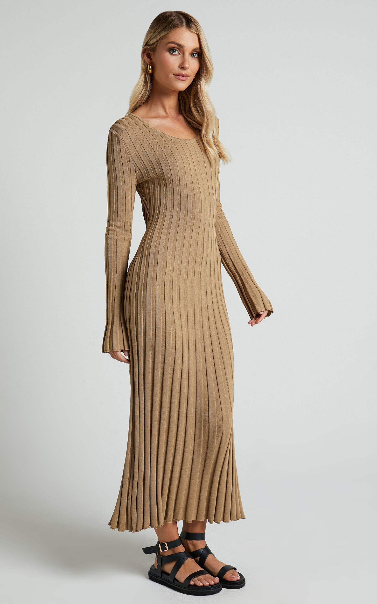 Blaire Midi Dress - Long Sleeve Tie Back Flare Dress in Roasted Cashew