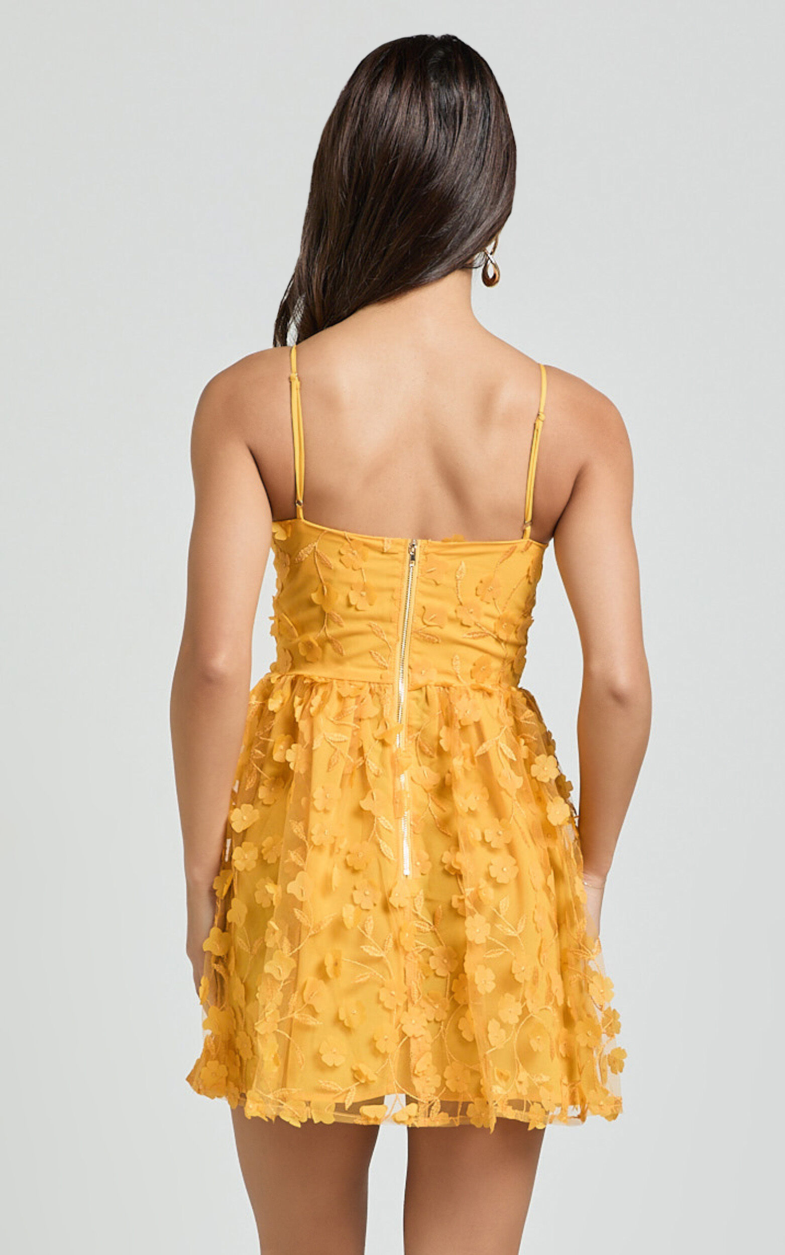 Prague Mini Dress - Strappy Embroidered Tulle Bustier Dress in Marigold