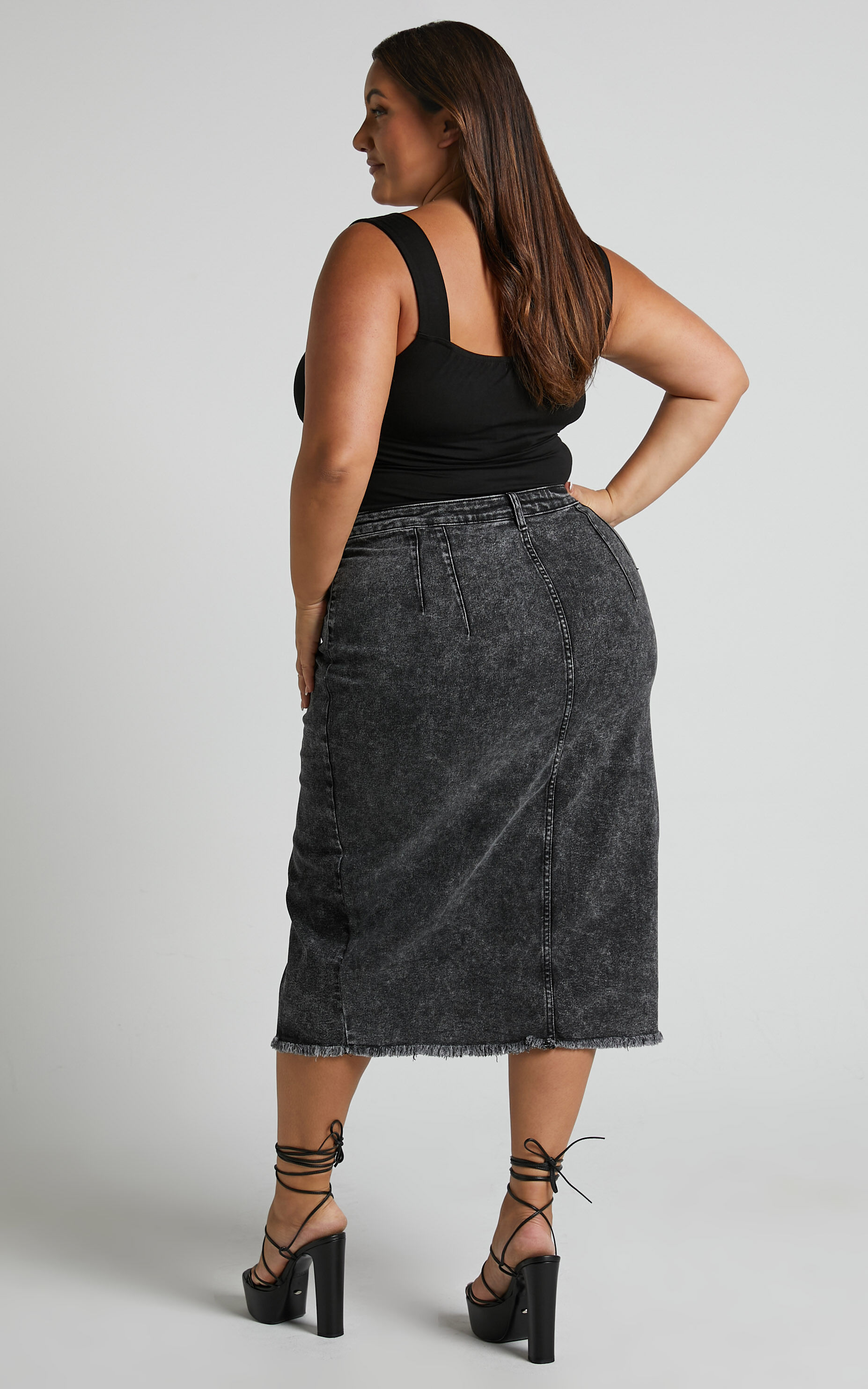Janeve Midi Skirt - Front Split Denim Skirt in Black Acid Wash