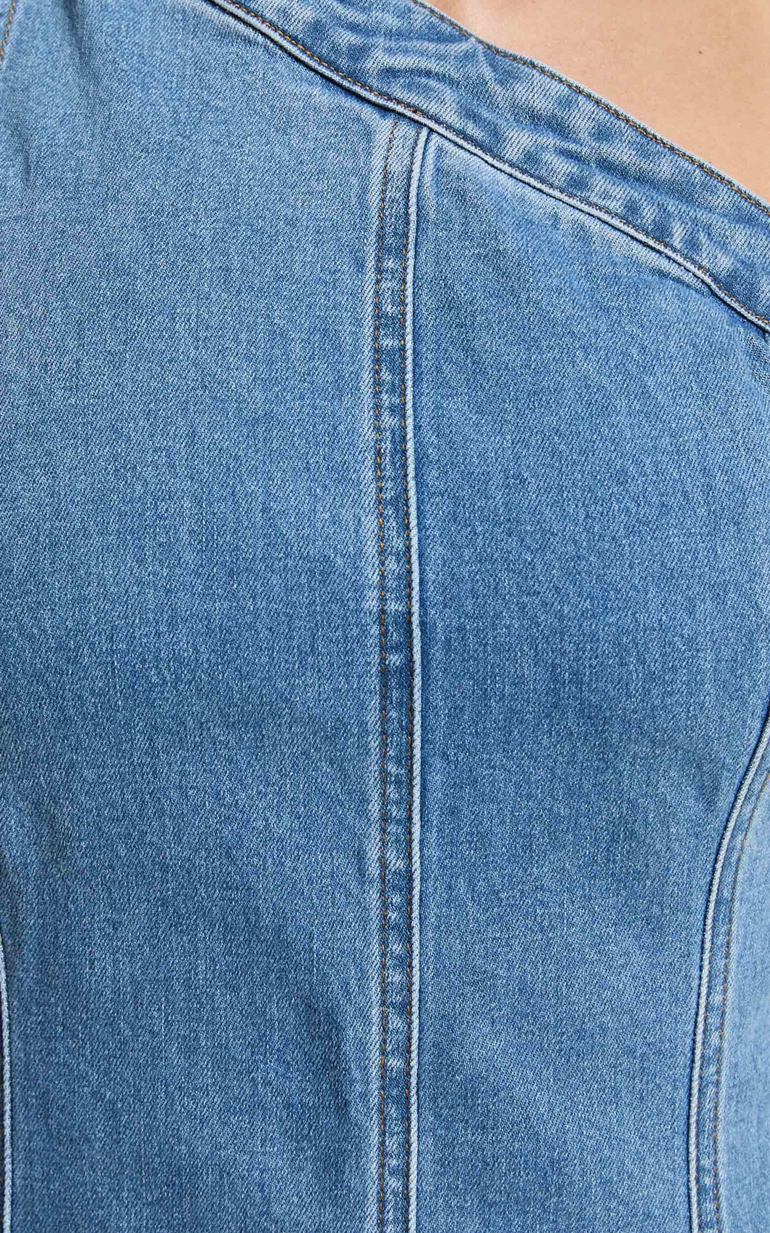 Harmony Mini Dress - One Shoulder Bodycon Recycled Denim Dress in Mid Blue Wash