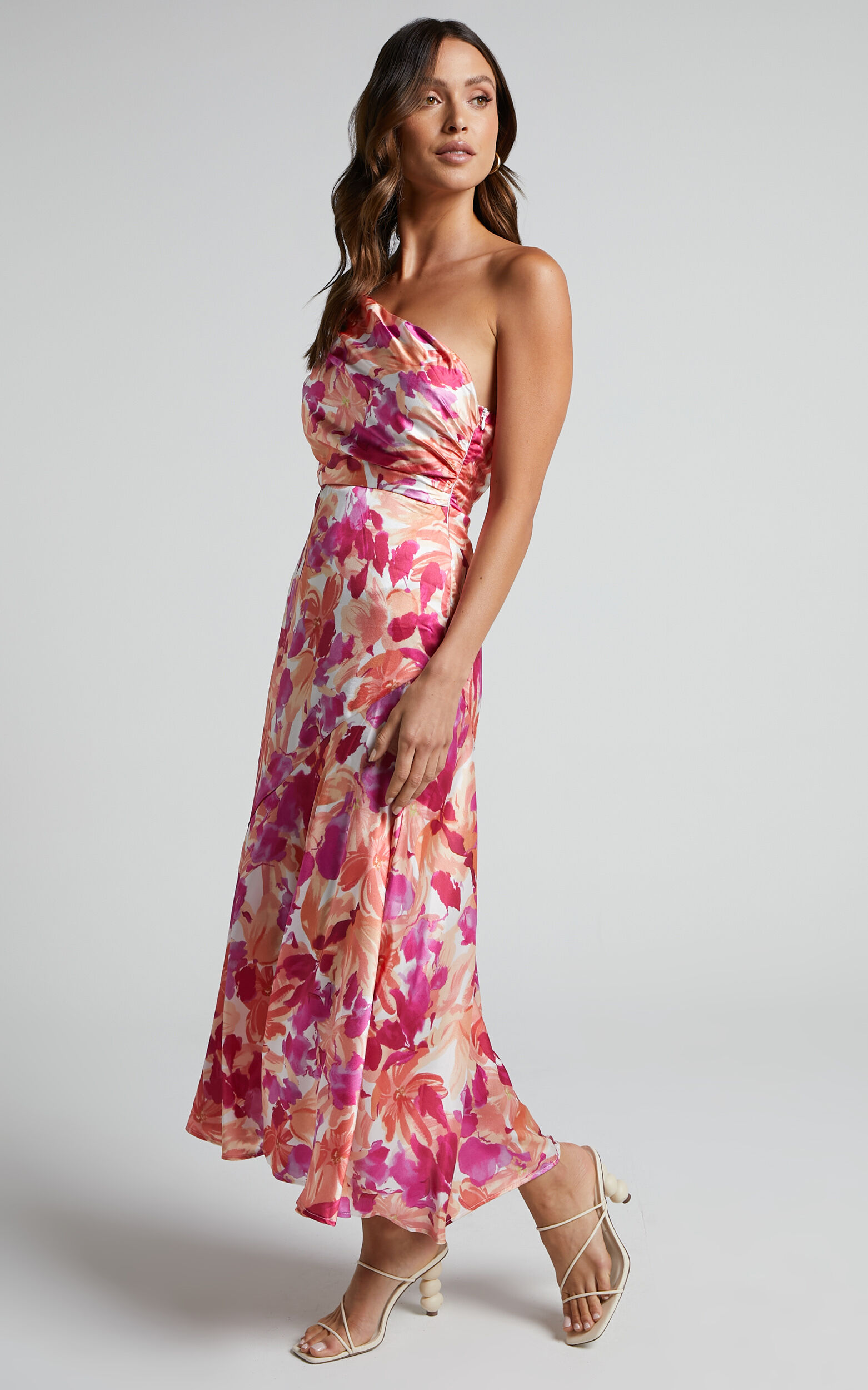 Alyssia Midi Dress - One Shoulder Ruched Satin Dress in Pink Floral