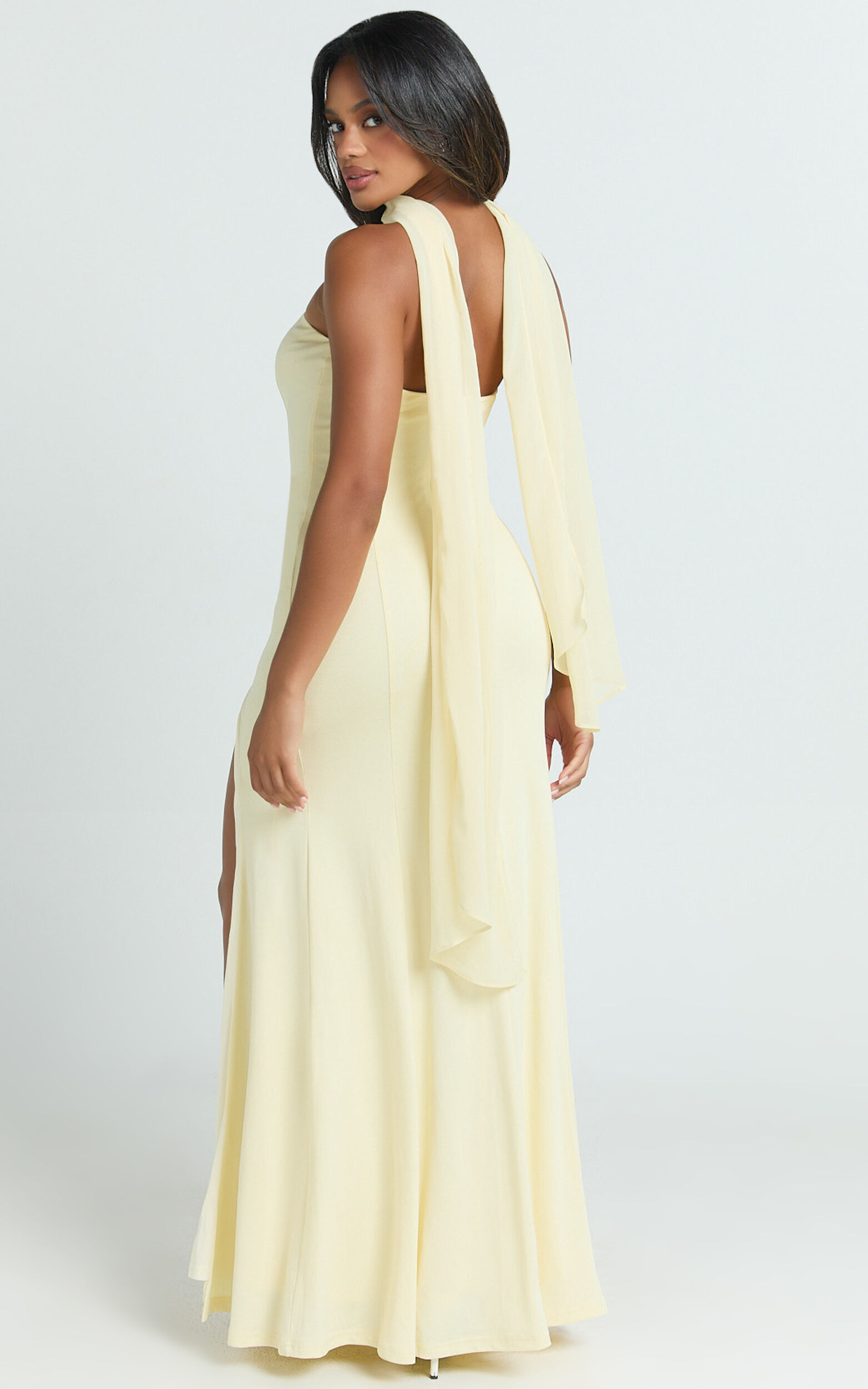 Dorothea Maxi Dress - Georgette Scarf Fit and Flare Dress in Lemon