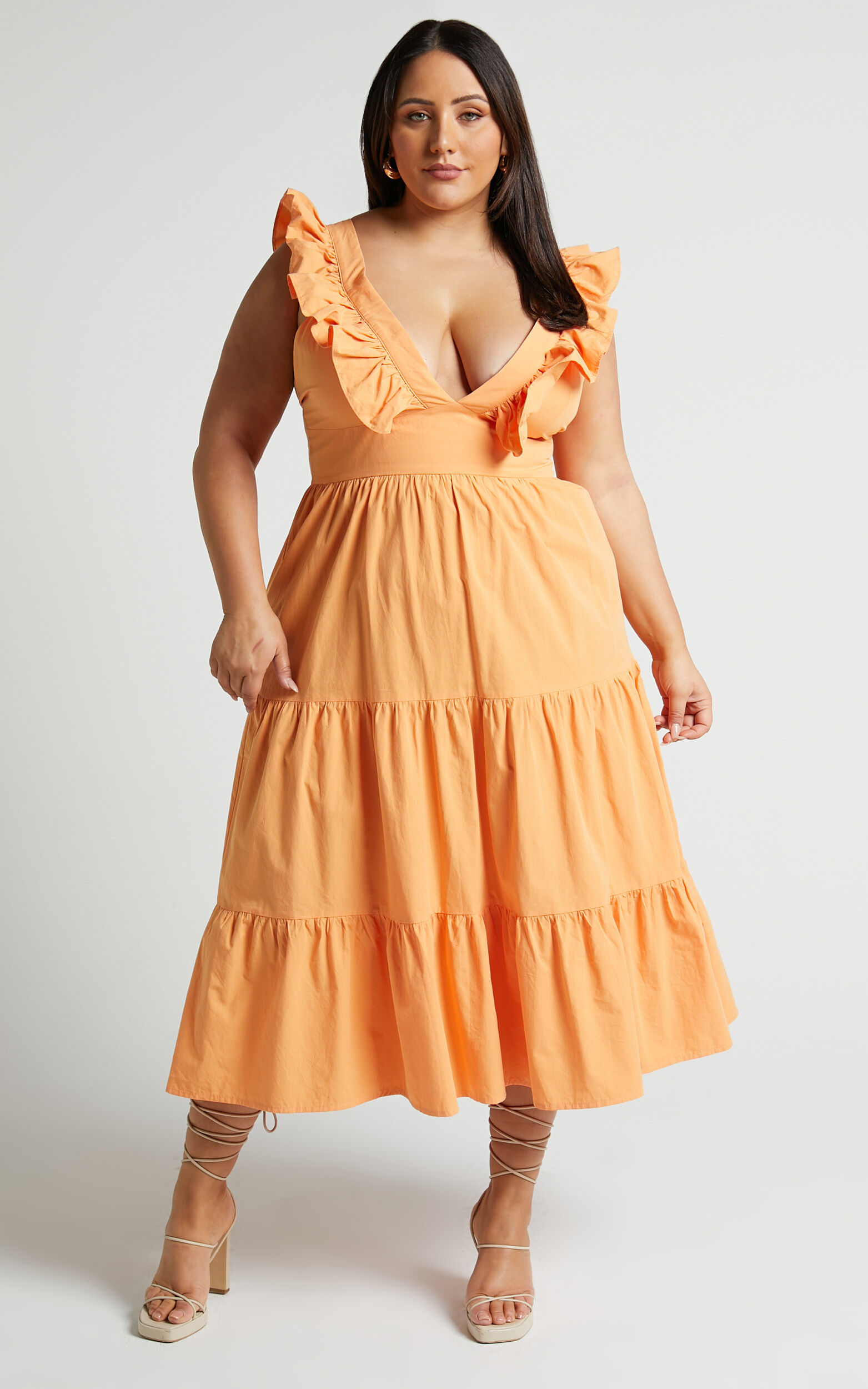 Levona Midi Dress - Ruffle Shoulder Tiered Dress in Orange