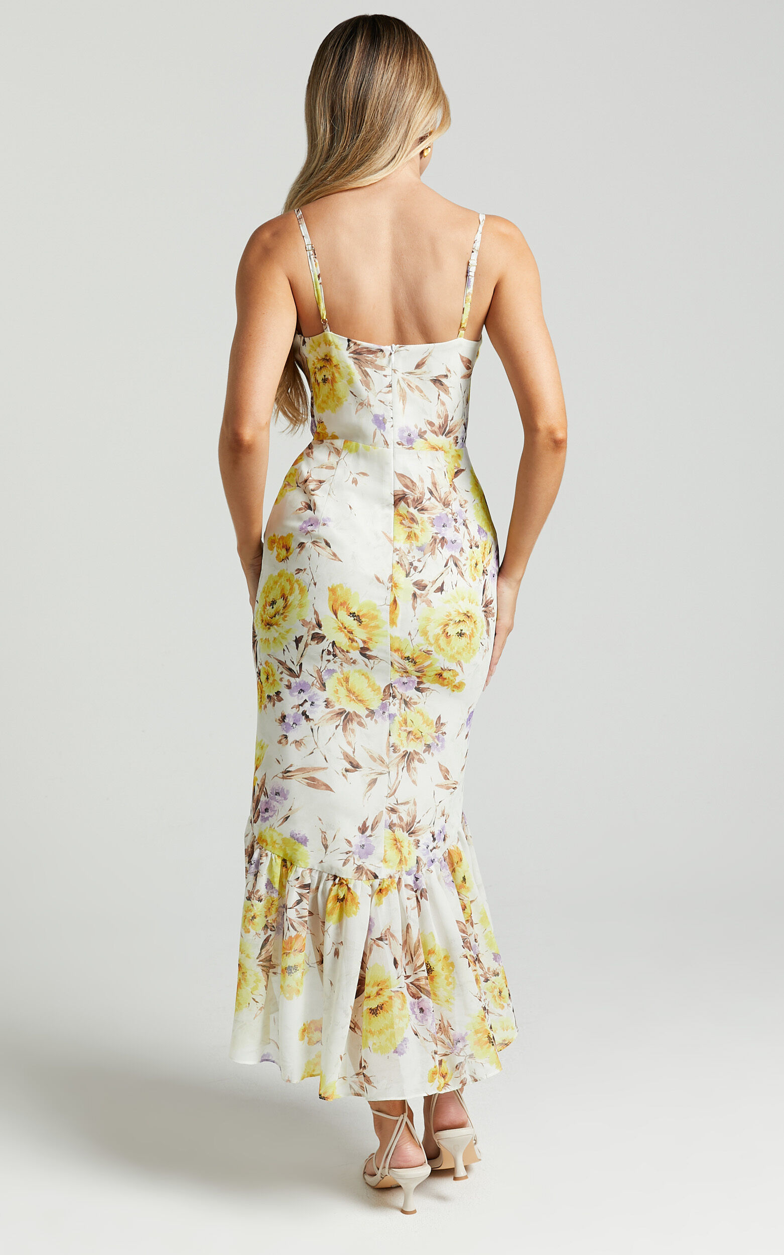 Sutton Midi Dress - Cowl Neckline Strappy Frill Hem in Dahlia Watercolour