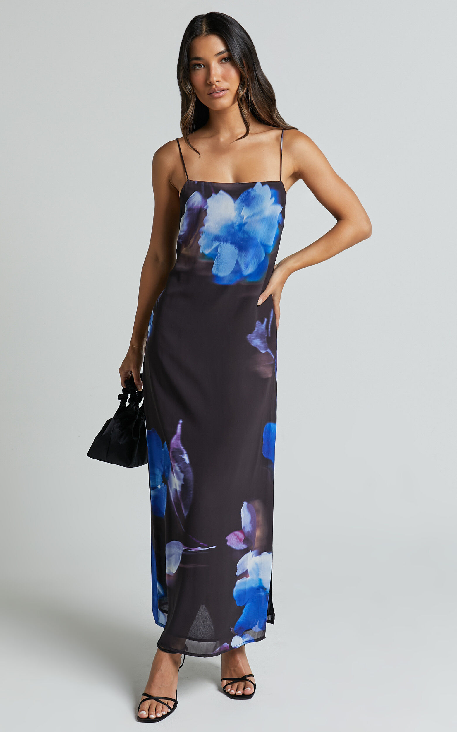 Emmanuelle Midi Dress - Strappy Side Split Satin Dress in Electric Bloom Print