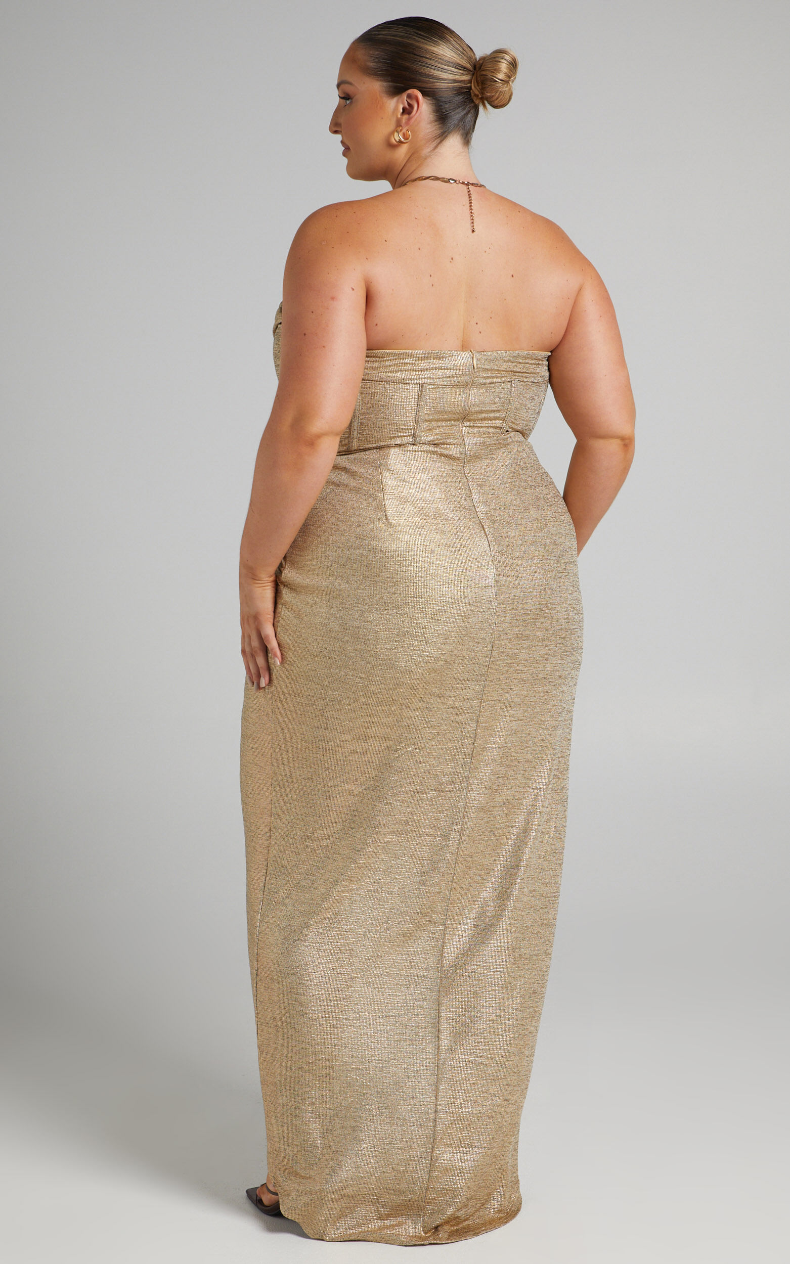 Adrie Midi Dress - Strapless Corset Bodice Dress in Gold