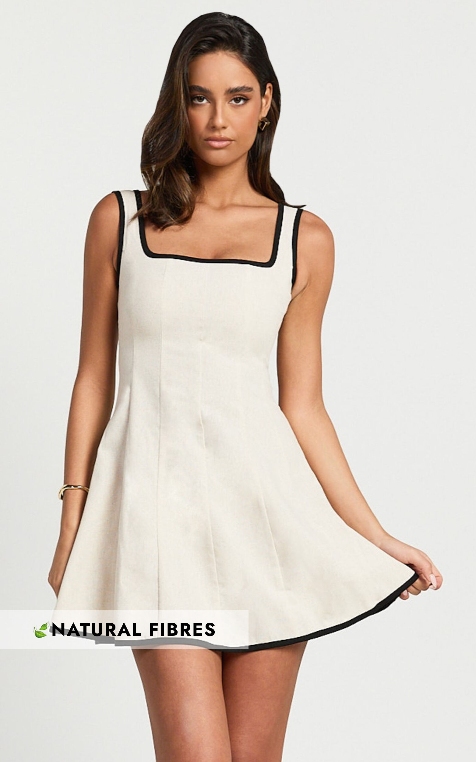 Antoni Mini Dress - Linen Ruched Back Square Neck Fit and Flare Dress in Natural