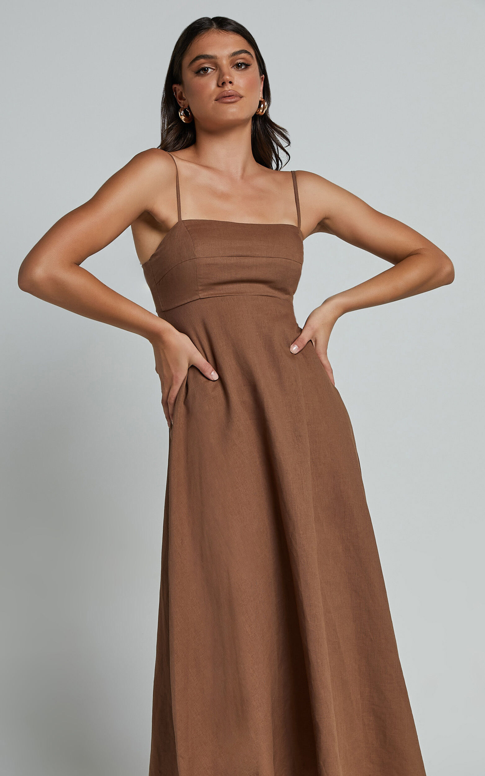 Brette Midi Dress - Linen Straight Neck Strappy Fit And Flare Dress in Tobacco