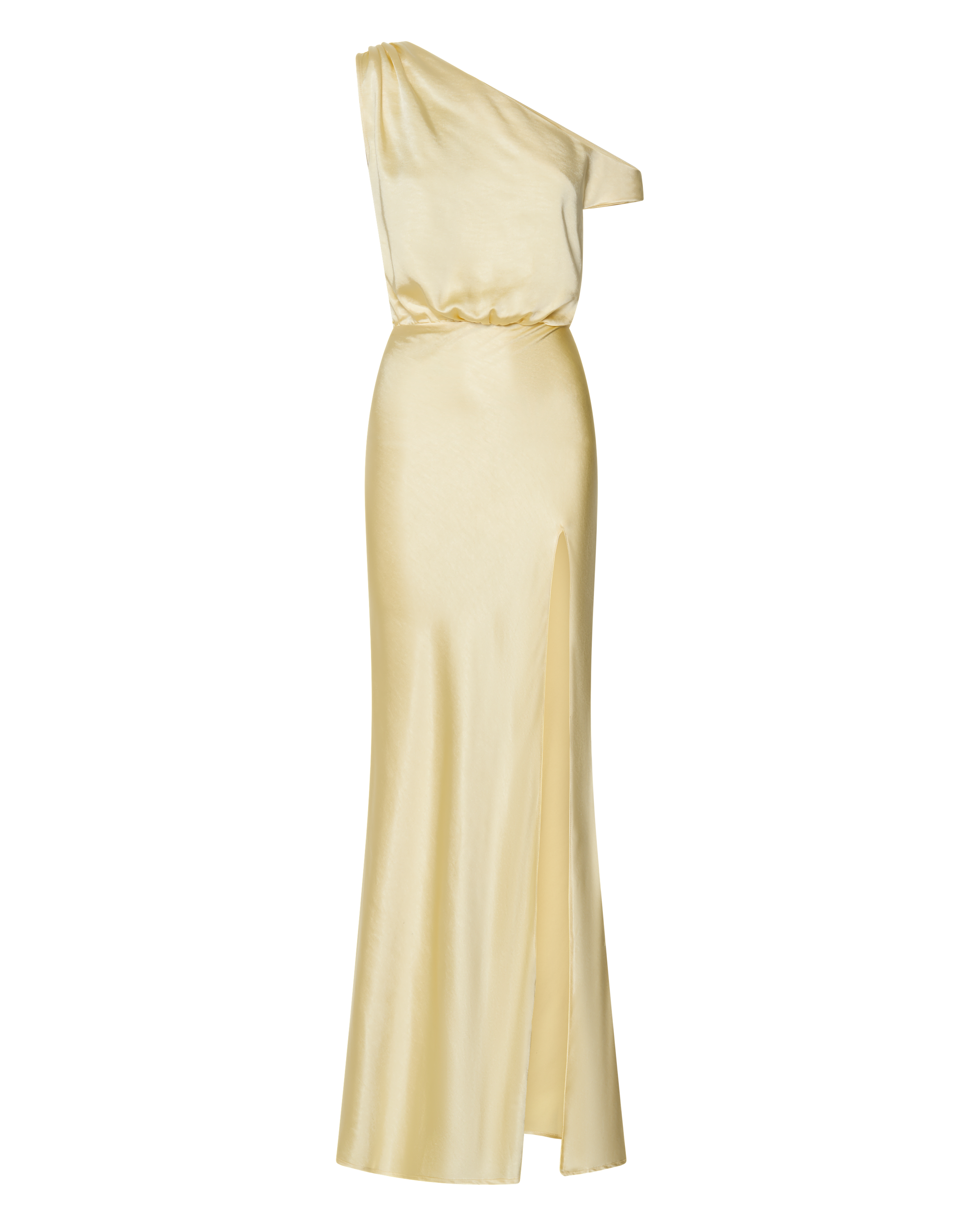Jensen Midi Dress - Off Shoulder High Split Bias Slip Dress in Lemon
