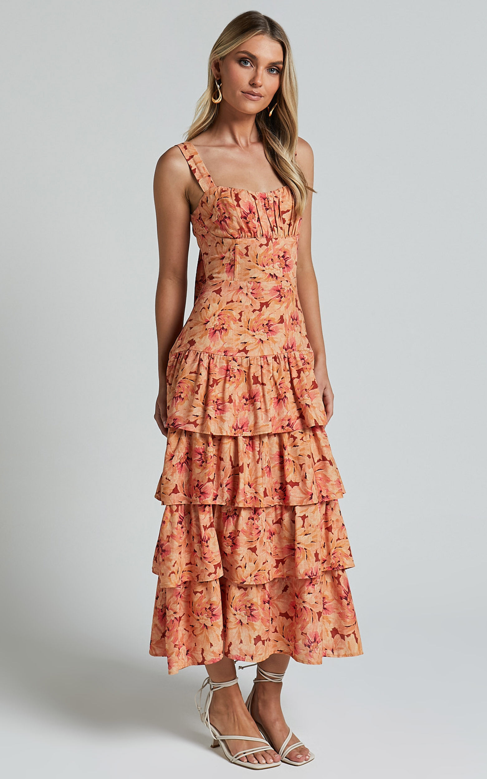 Amalie The Label - Adela Linen Look Blend Tiered Midi Dress in Valencia Print