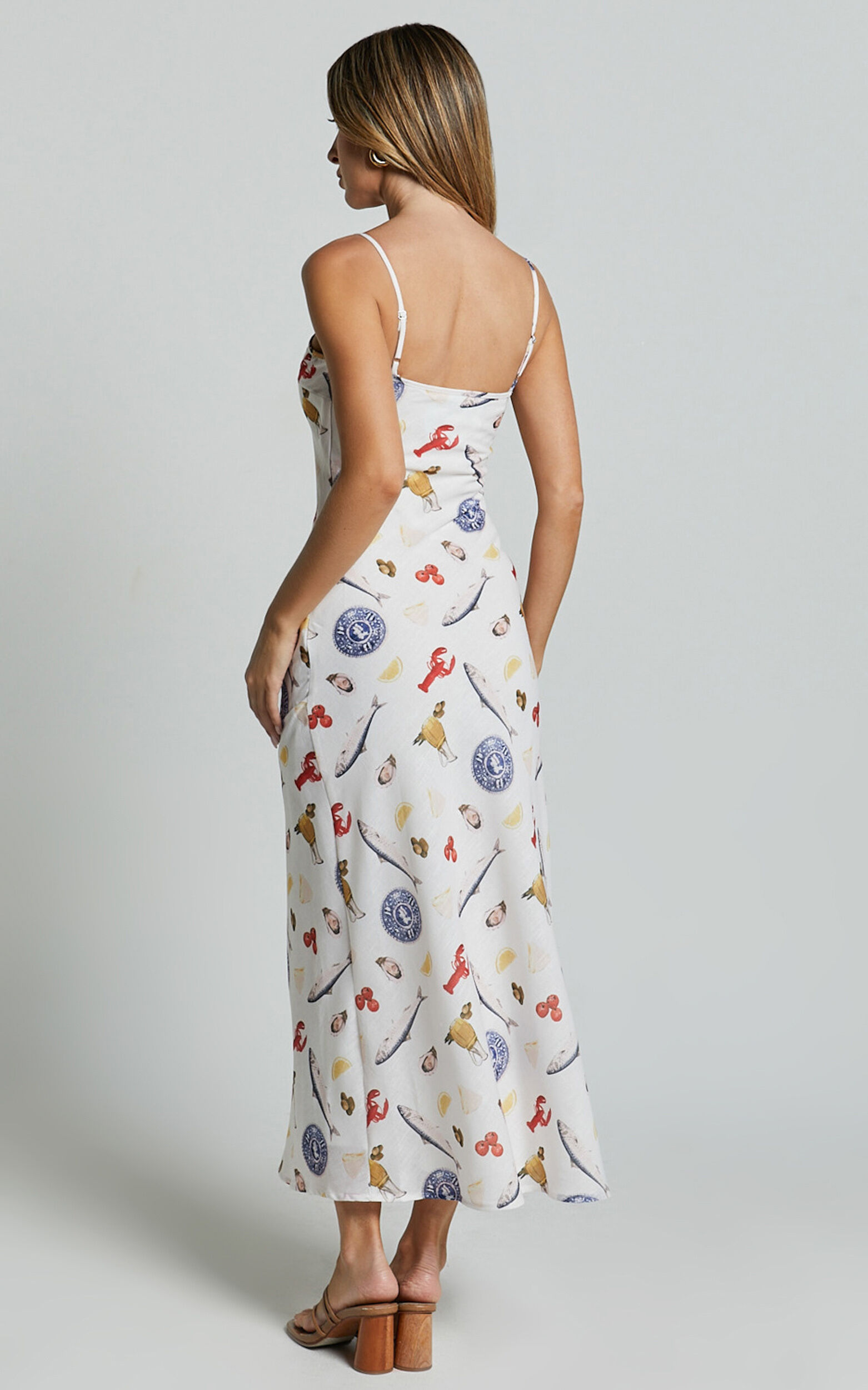 Jamilla Midi Dress - Bias Cut Linen Midi Slip Dress in Seaside Print