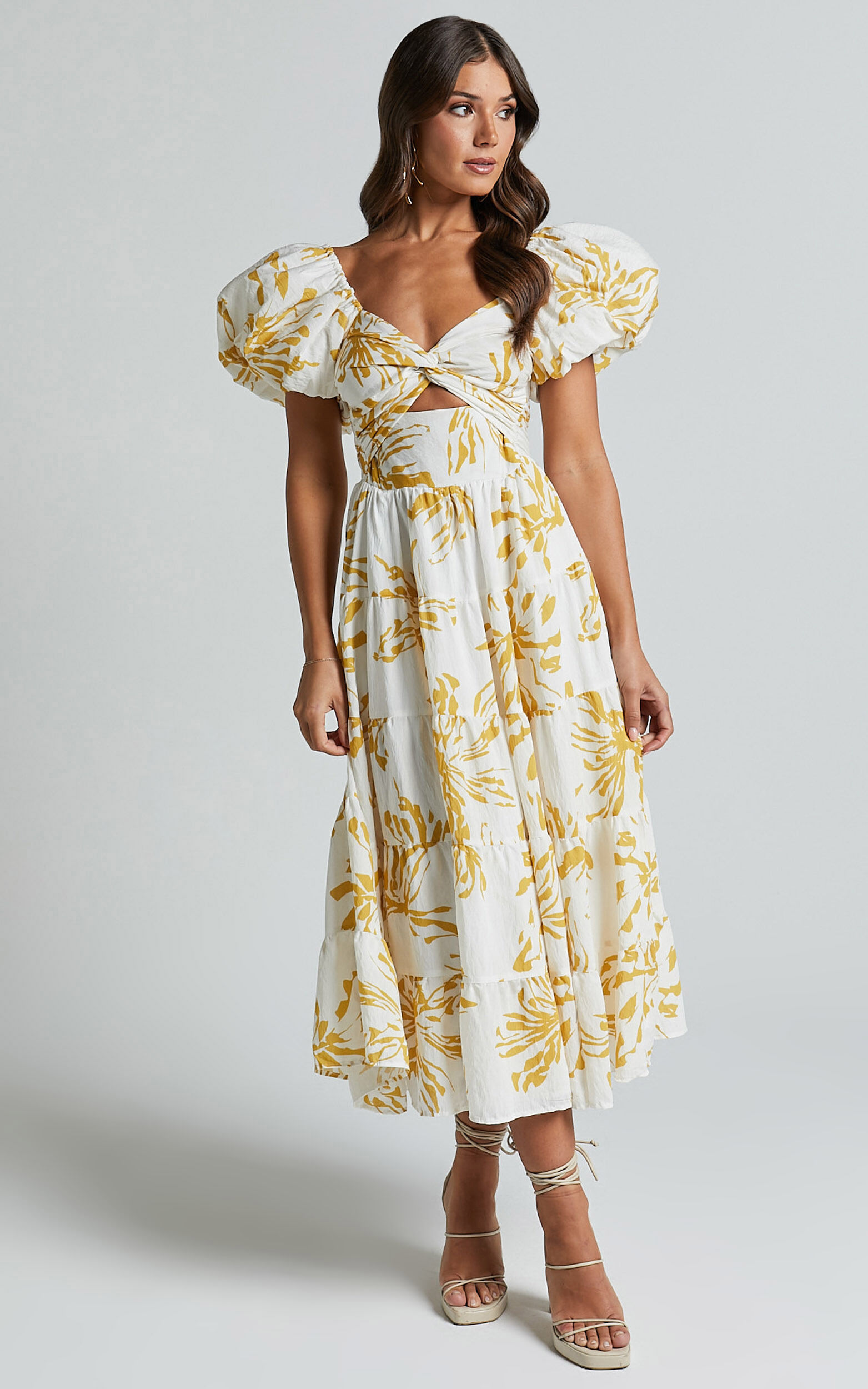 Jamaella Midi Dress - Short Puff Sleeve Front Cut Out Dress in White Floral