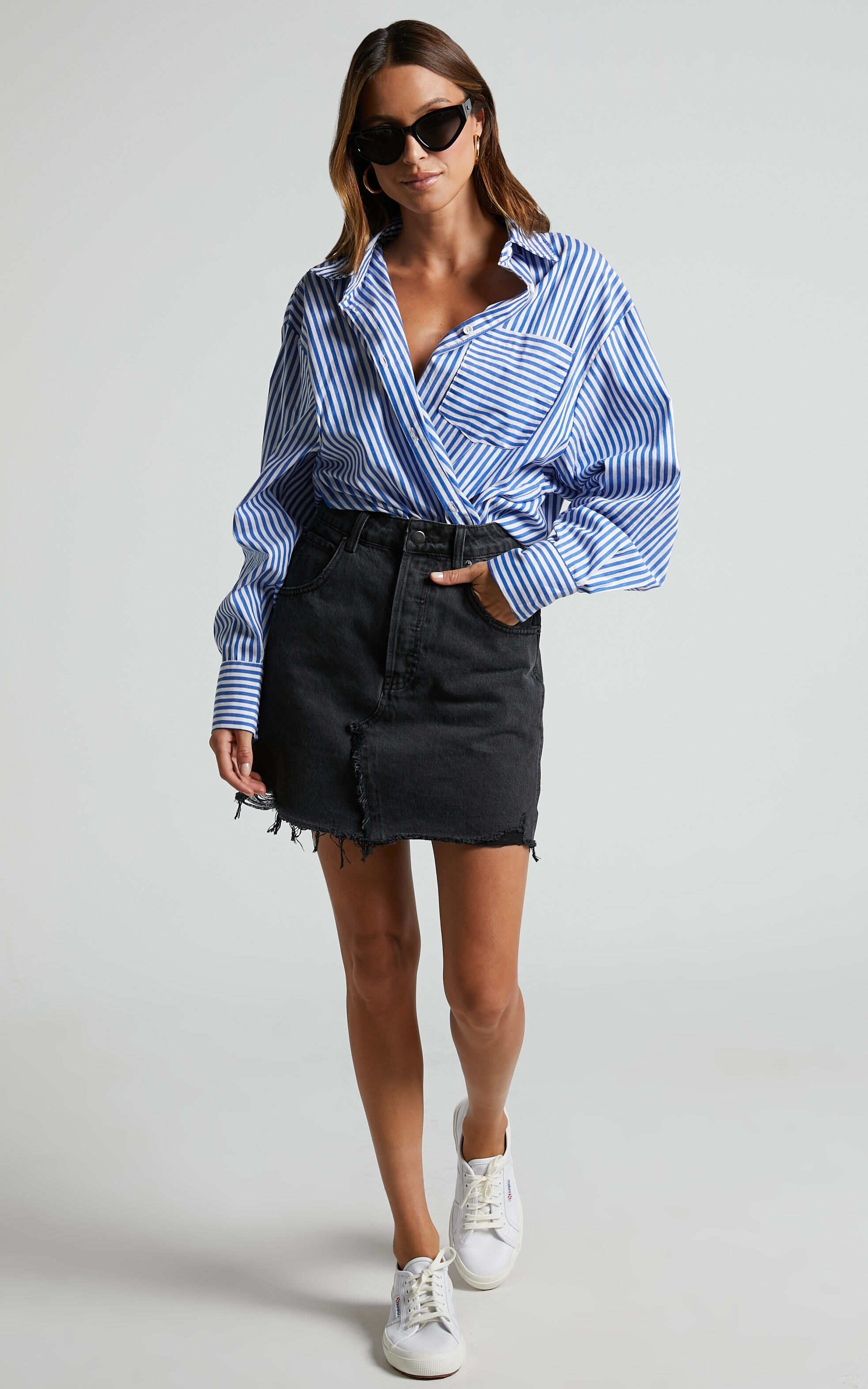 Pieta Mini Skirt - Recycled Cotton Raw Hem Denim Skirt in Washed Black