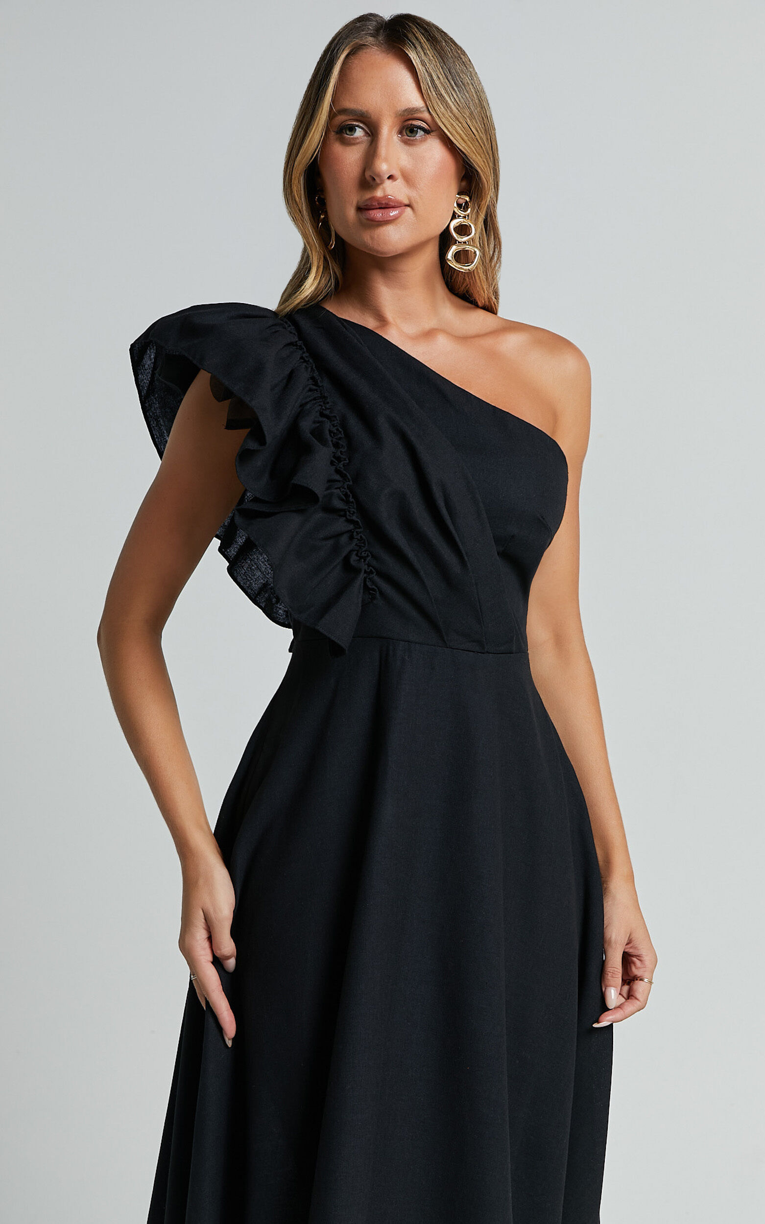 Dixie Midi Dress - Linen Look One Shoulder Ruffle Dress in Black