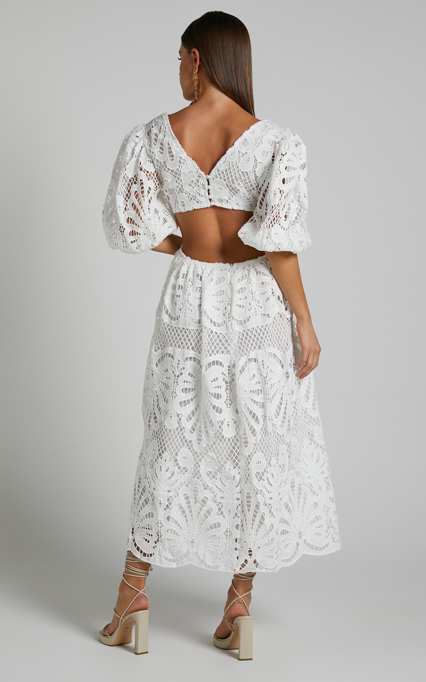 Anieshaya Midi Dress - V Neck Cut Out Lace Dress in White