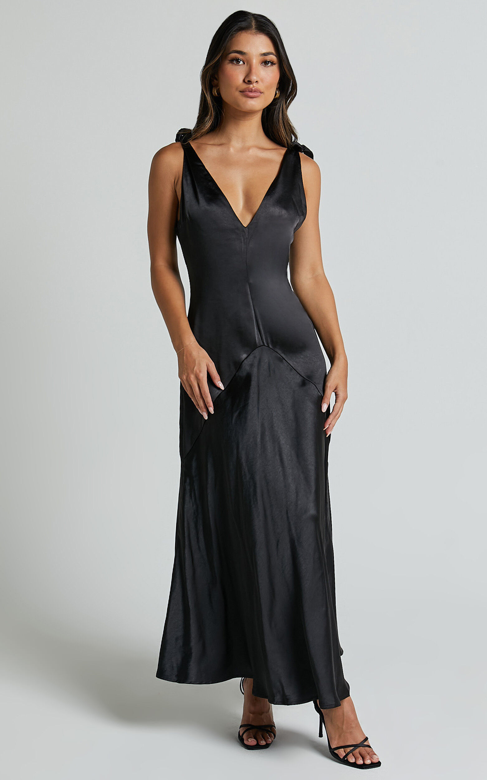 Hart Midi Dress - Tie Shoulder Plunge Satin Dress in Black