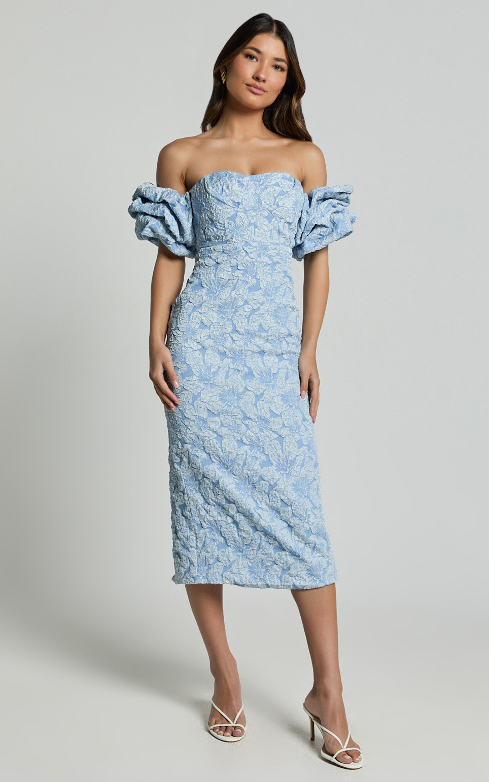 Brielle Midi Dress - Off the Shoulder Short Sleeve Sweetheart Dress in Soft Blue