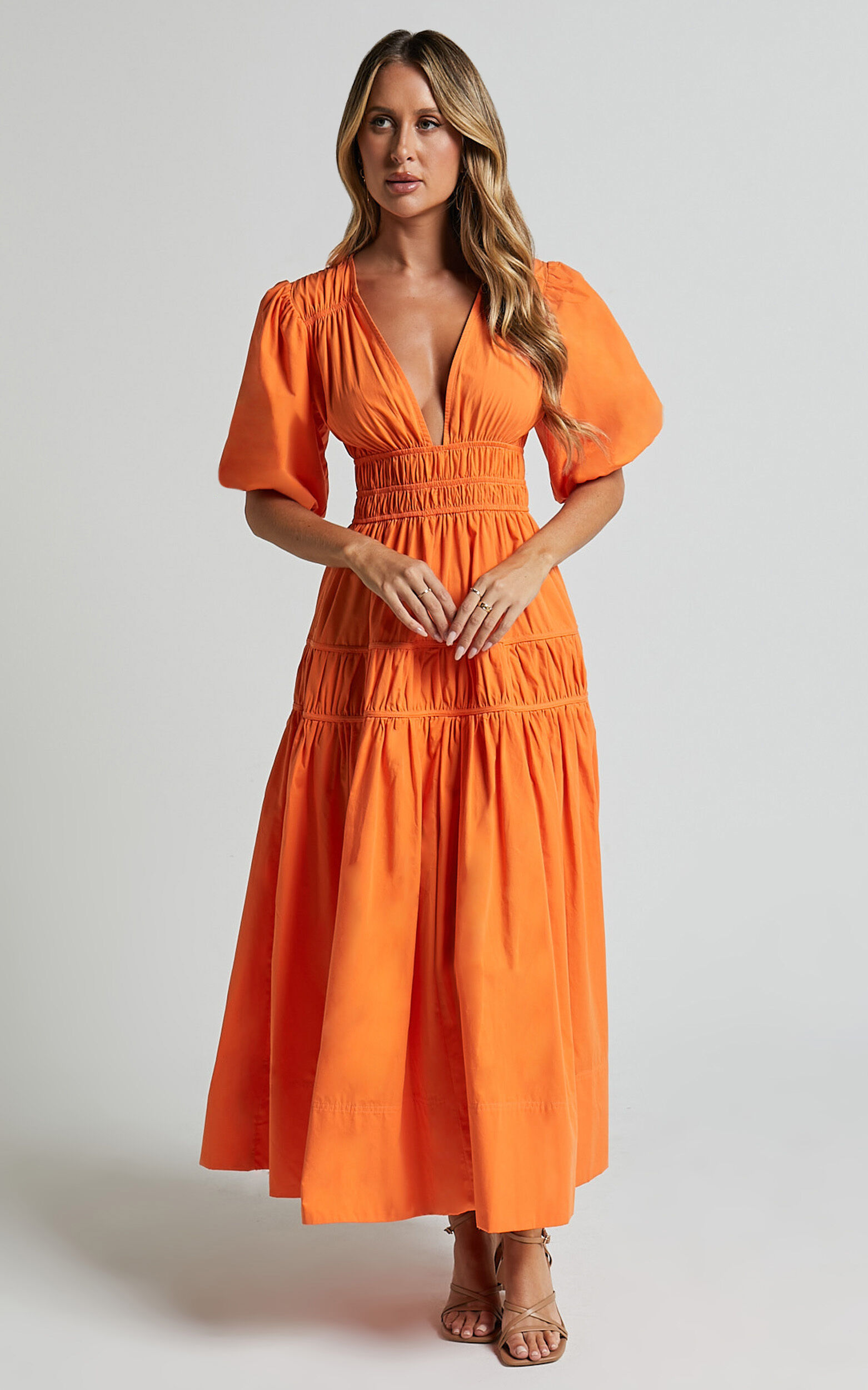 Mellie Midi Dress - Puff Sleeve Plunge Tiered Dress in Orange