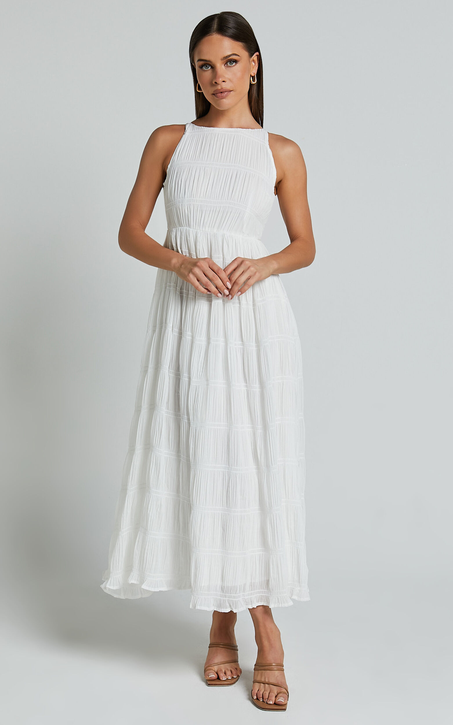 Cade Maxi Dress - High Neck Sleeveless A Line Dress in White