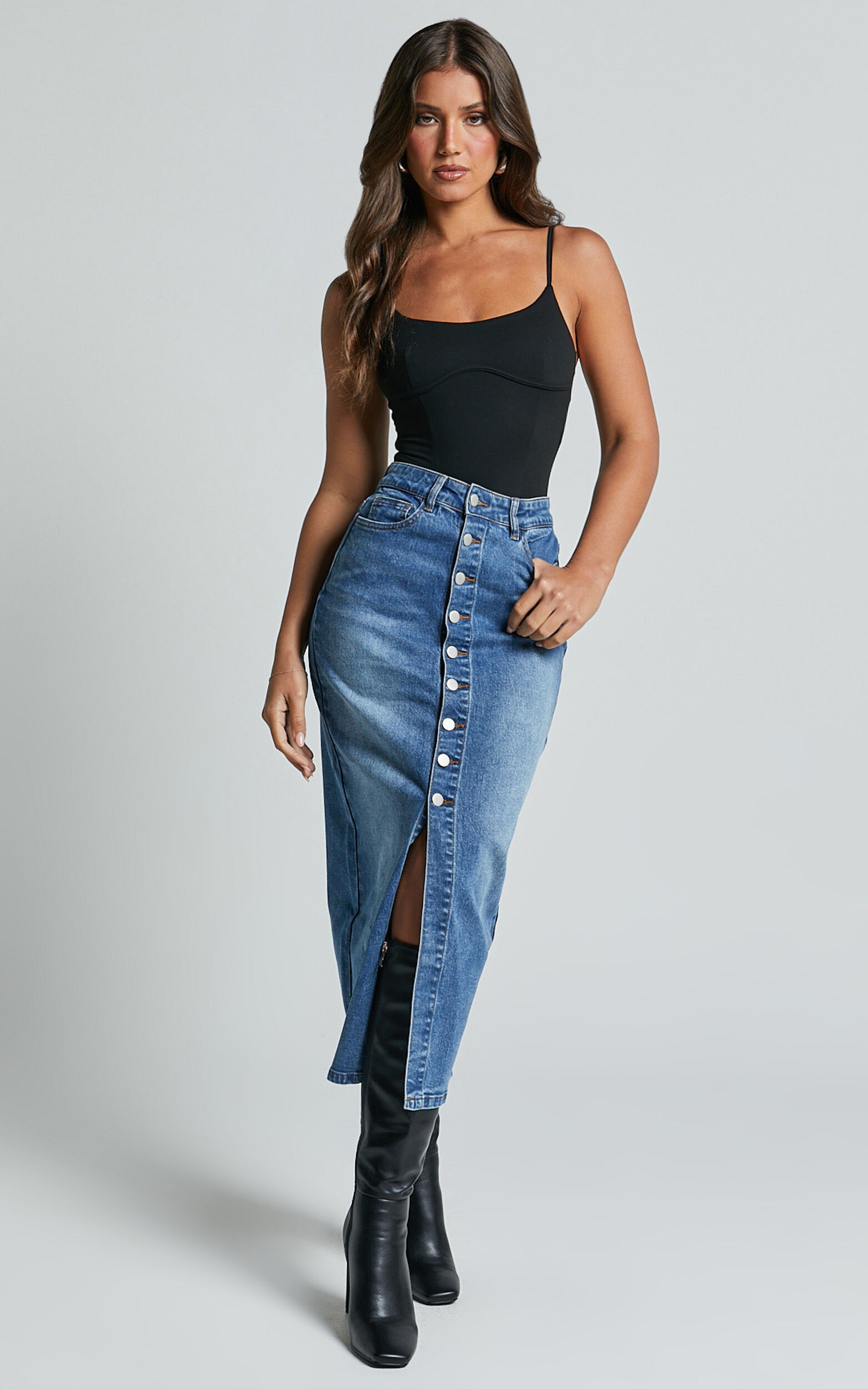 Tina Midi Skirt - High Waist Button Through Recycled Denim Skirt in Mid Blue Wash